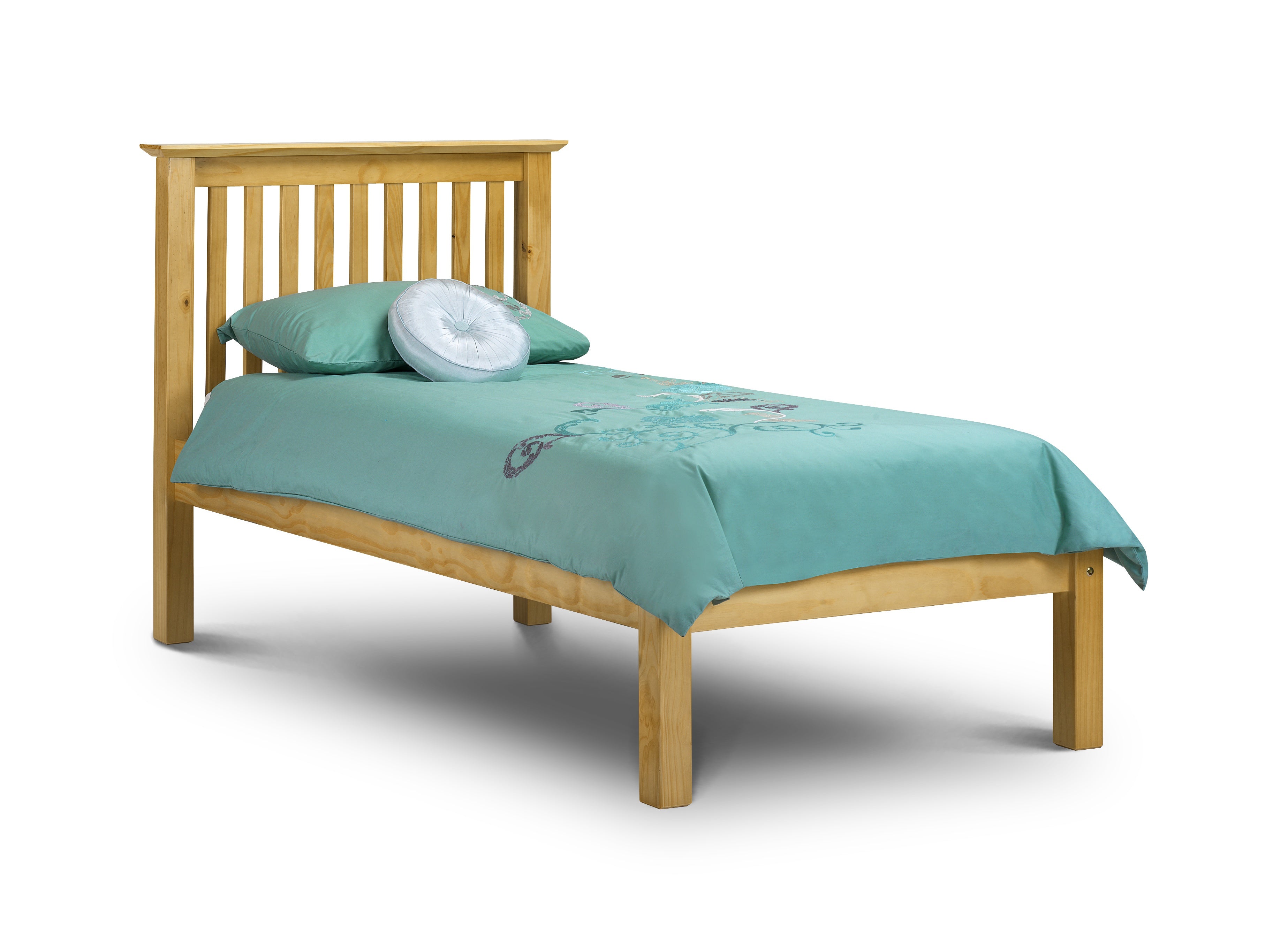 Wooden bed with teal bedding and pillows on a white background