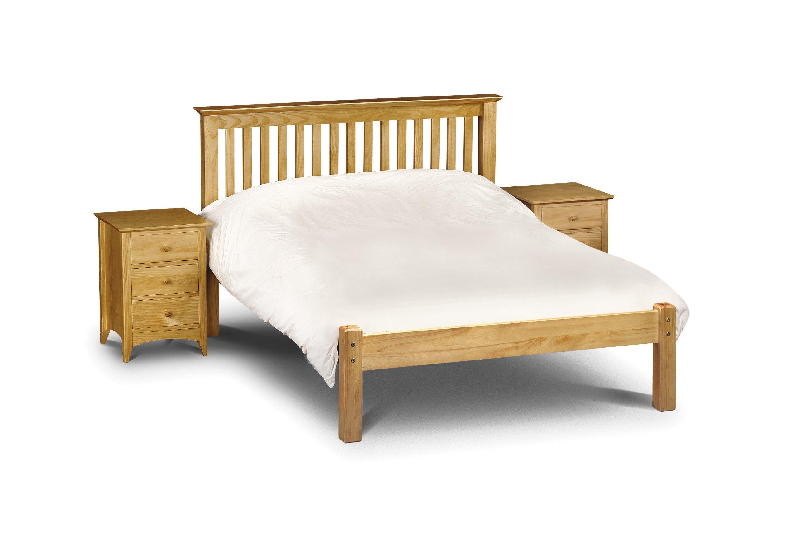Wooden bed with white mattress and matching nightstands on a white background