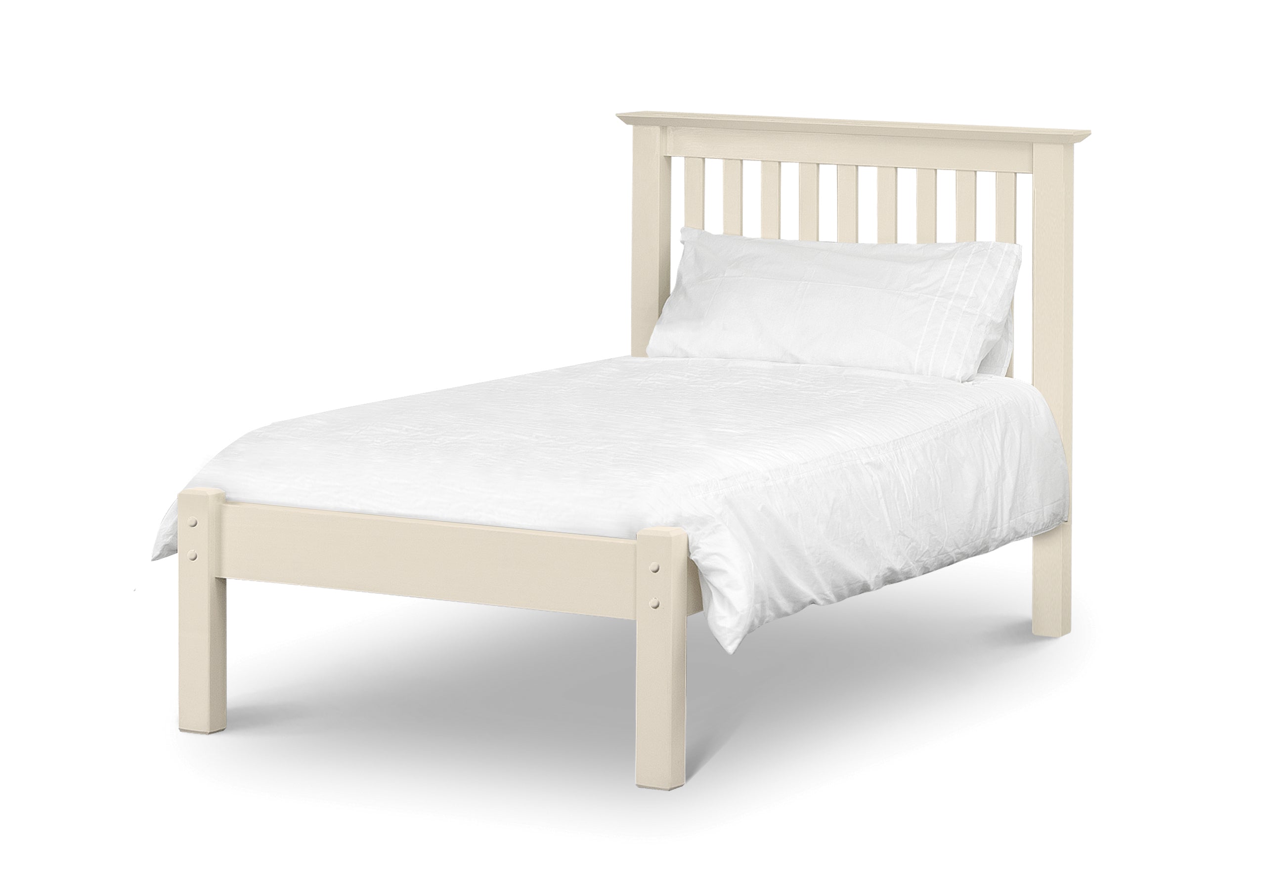 Beige wooden bed with white bedding on a white background
