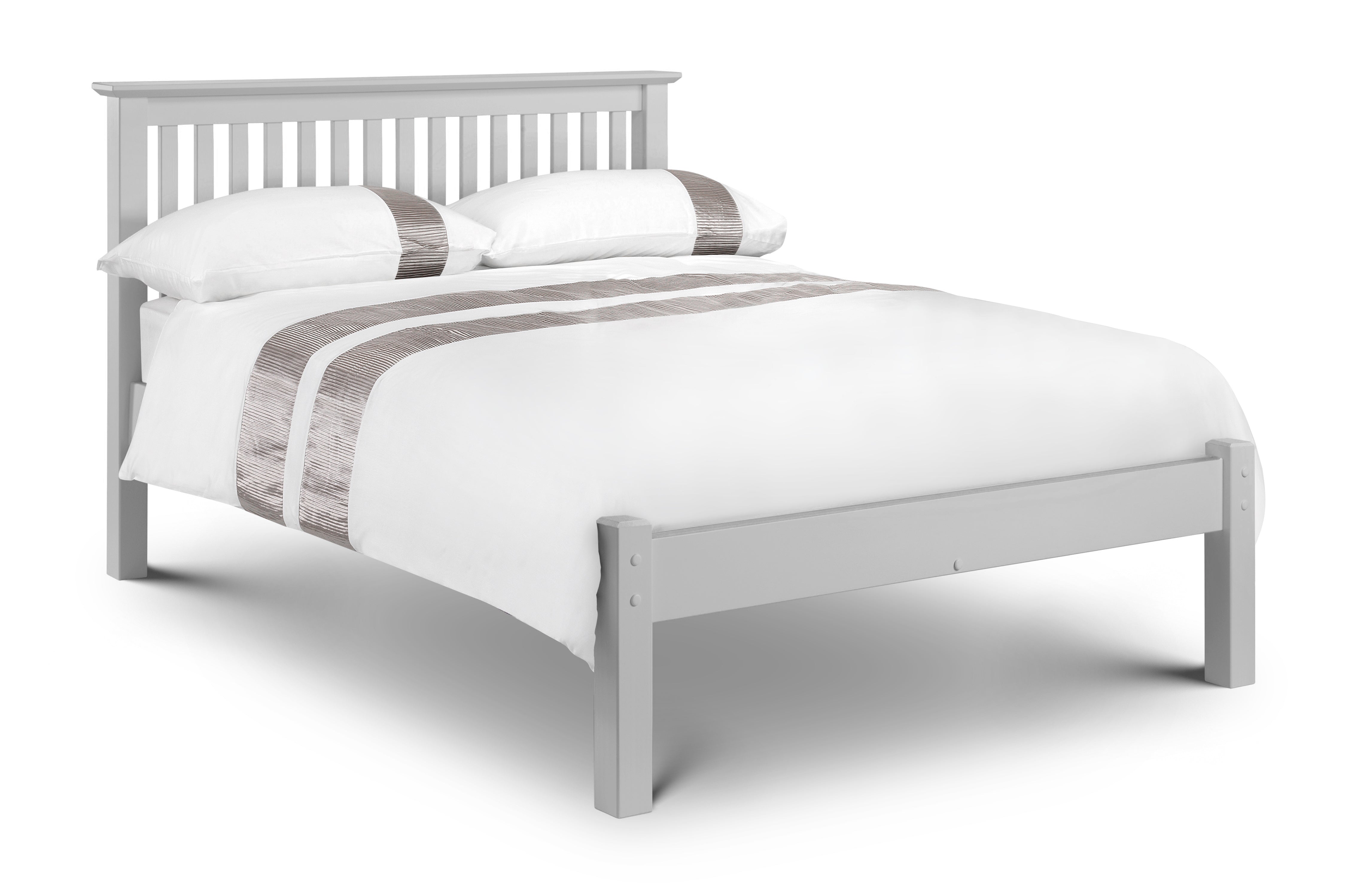 Grey wooden bed with white bedding and gray striped pillows on a white background