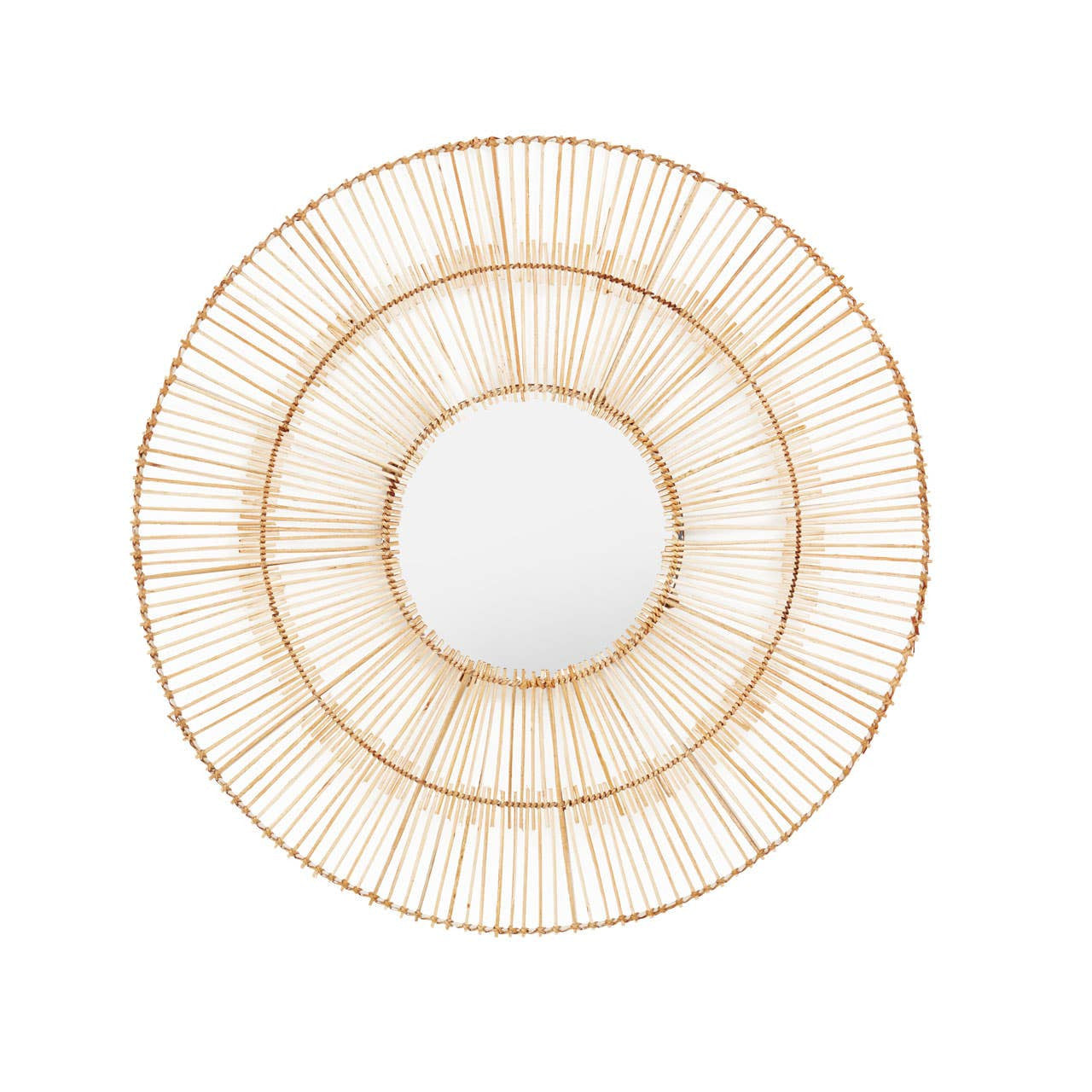Round decorative mirror with a gold wire frame on a white background