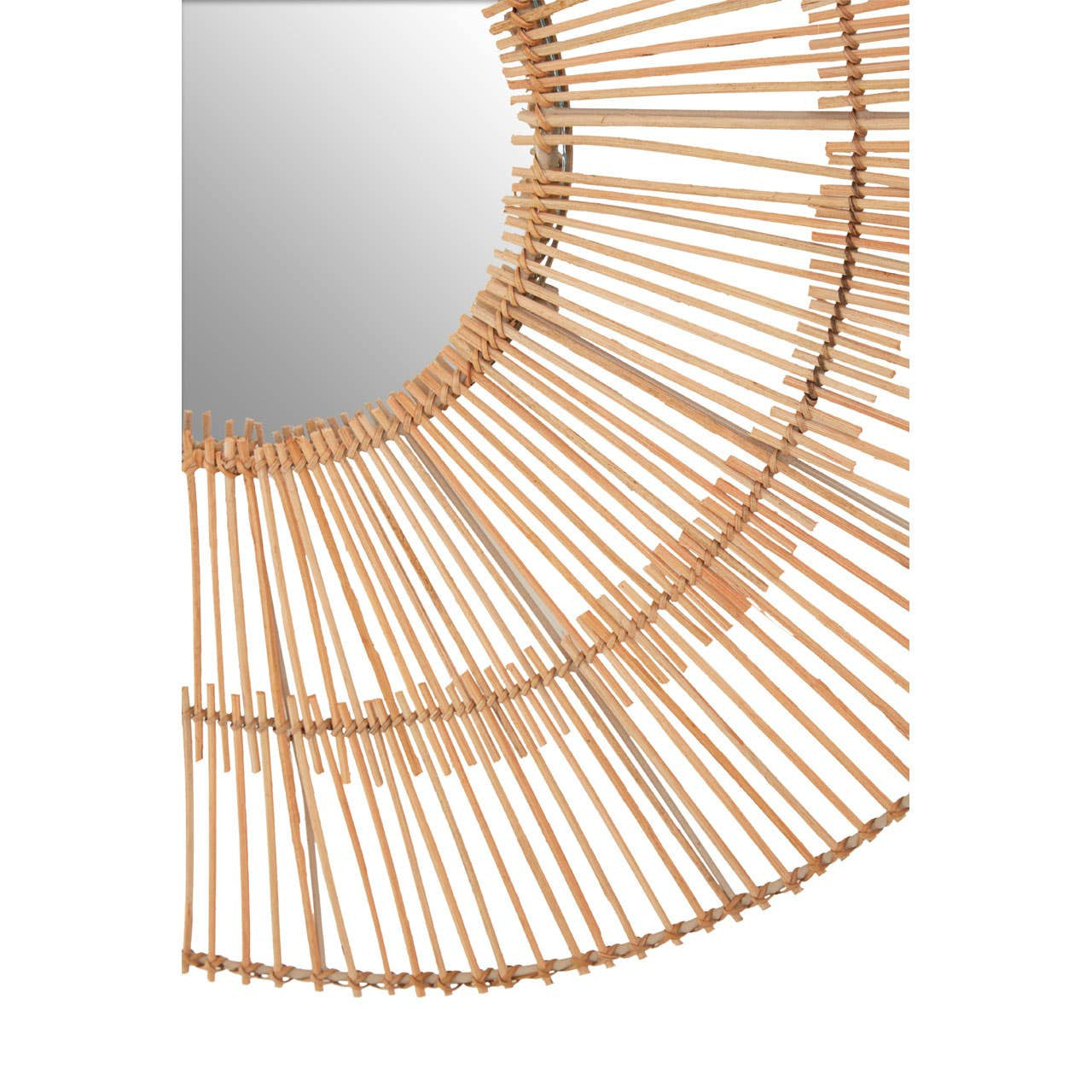 Round mirror with a wicker-like frame on a white background