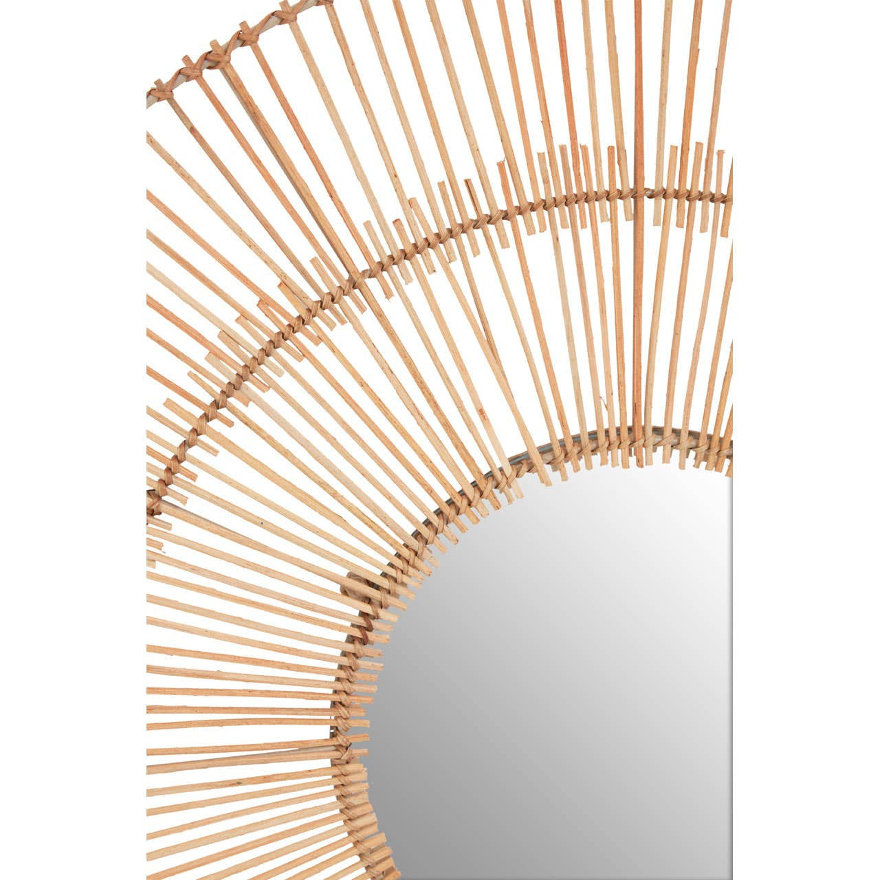 Round mirror with a rattan-like frame on a white background