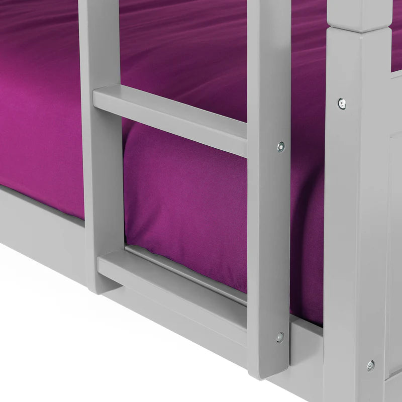 Bunk bed with purple mattress and gray metal frame on a white background
