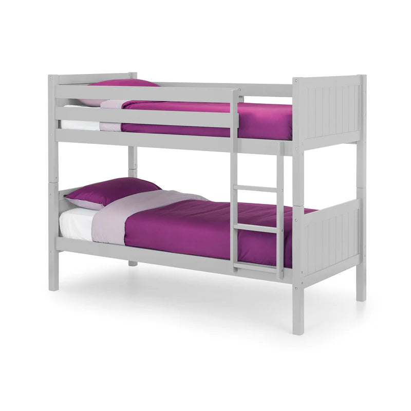 White bunk bed with purple bedding on a white background