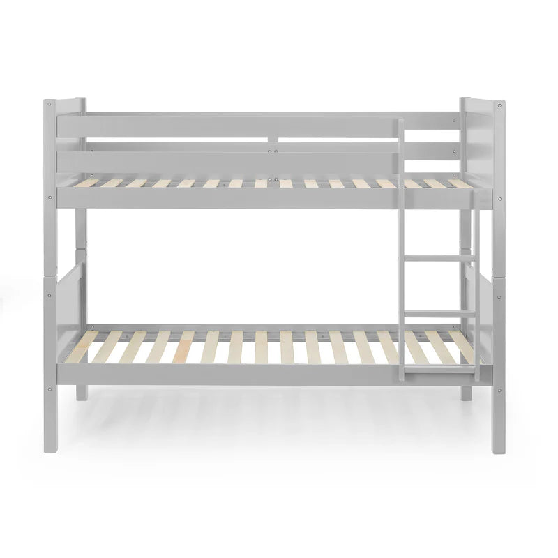 White bunk bed with wooden slats on a white background