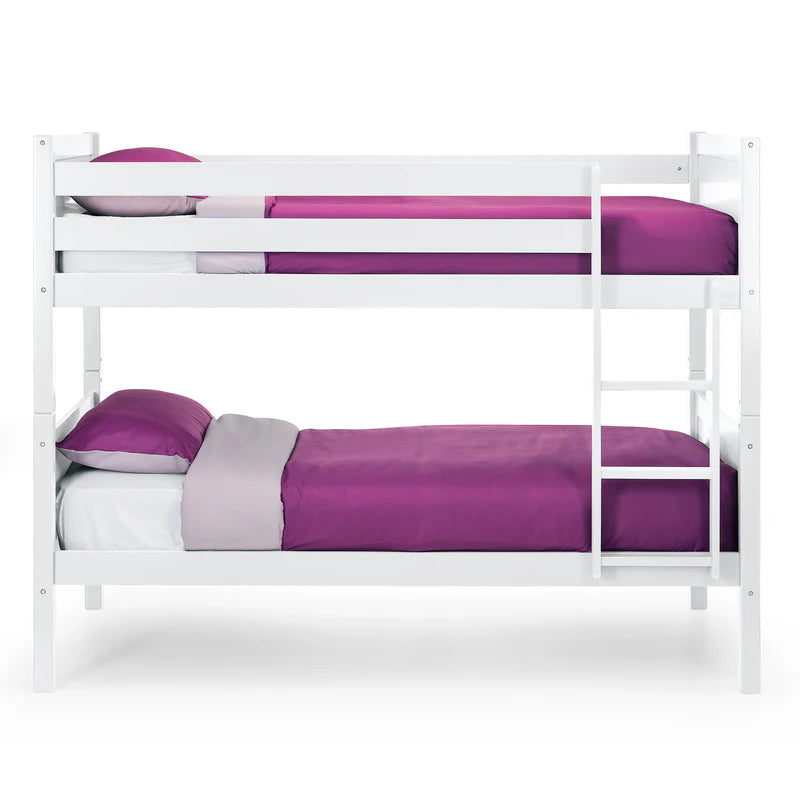 White bunk bed with purple bedding on a white background