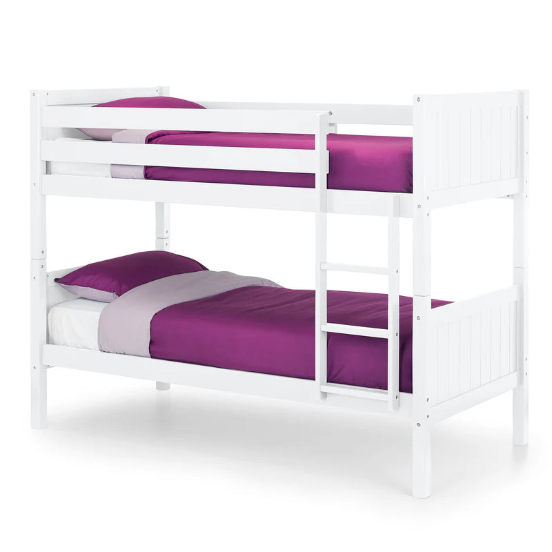 White bunk bed with purple bedding on a white background