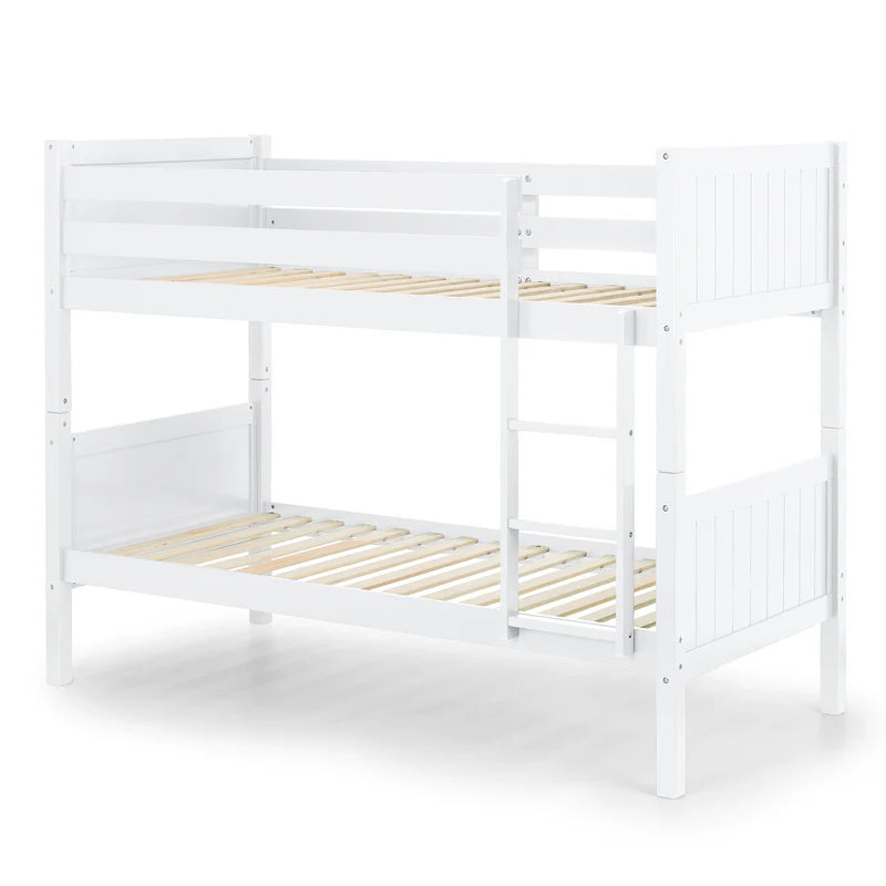 White bunk bed with wooden slats on a white background