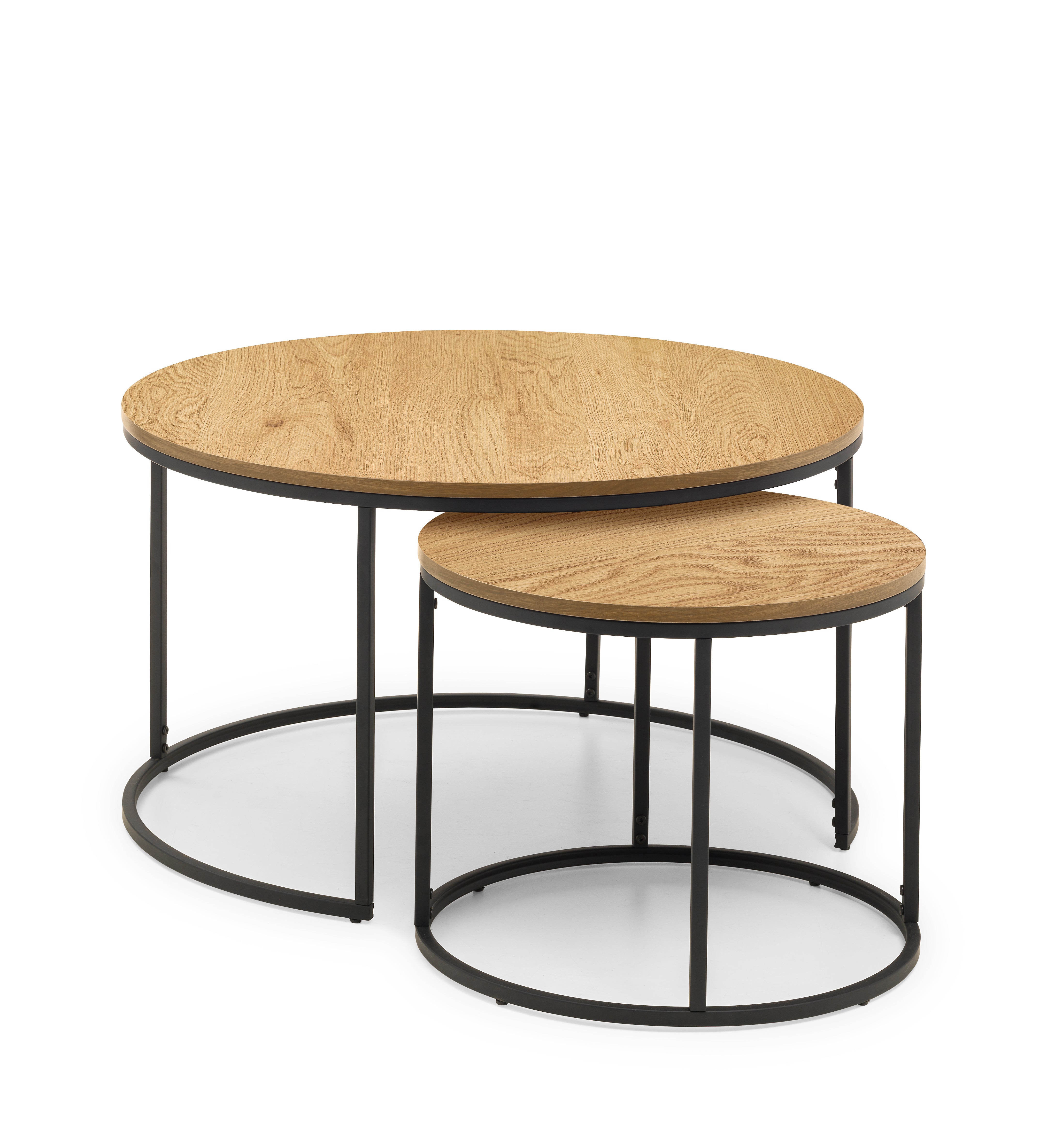 Set of two round wooden tables with black metal bases on a white background