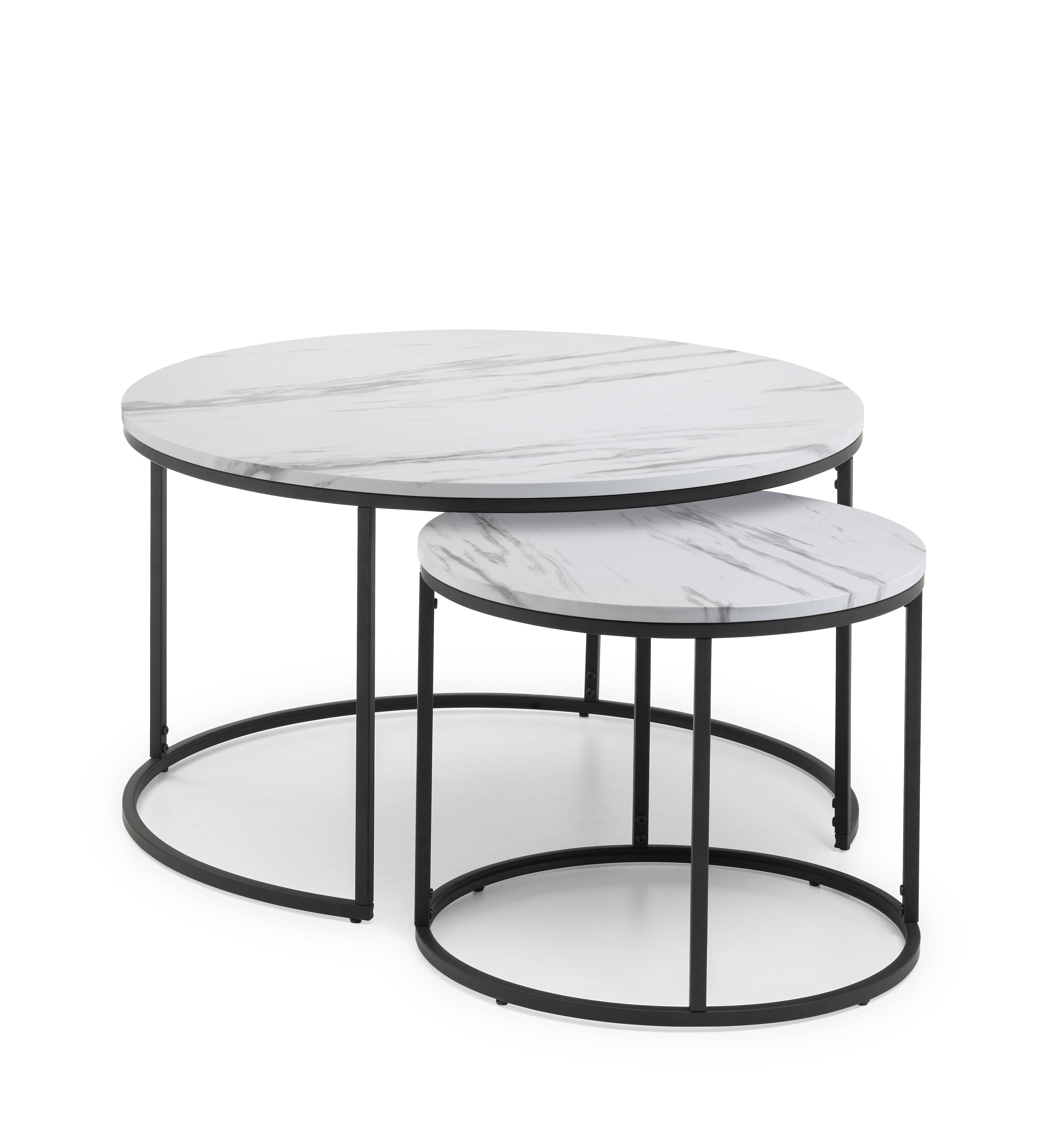 Set of two marble top coffee tables with black metal frames on a white background