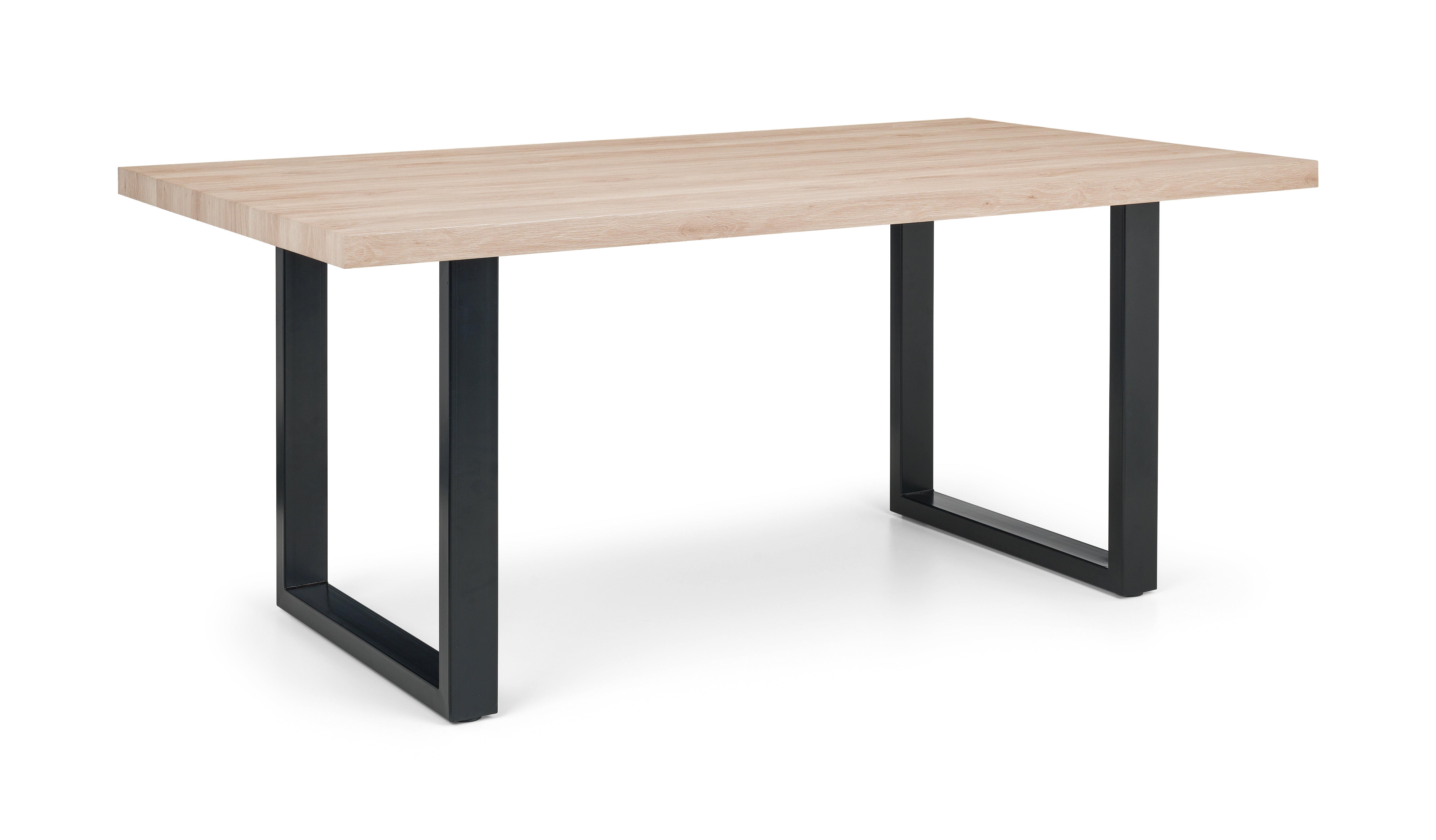 Table with wooden top and black metal legs on a white background