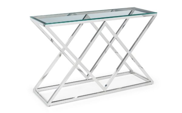 Glass top table with metal cross-brace frame on a white background