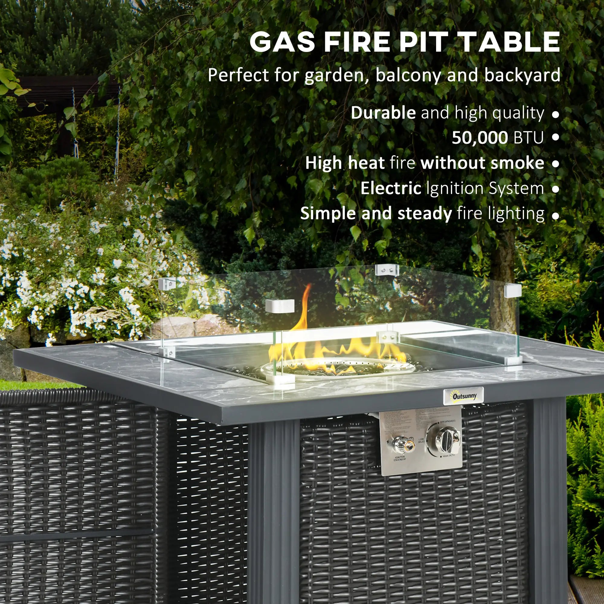 Gas fire pit table with outdoor setting, featuring text on its benefits.