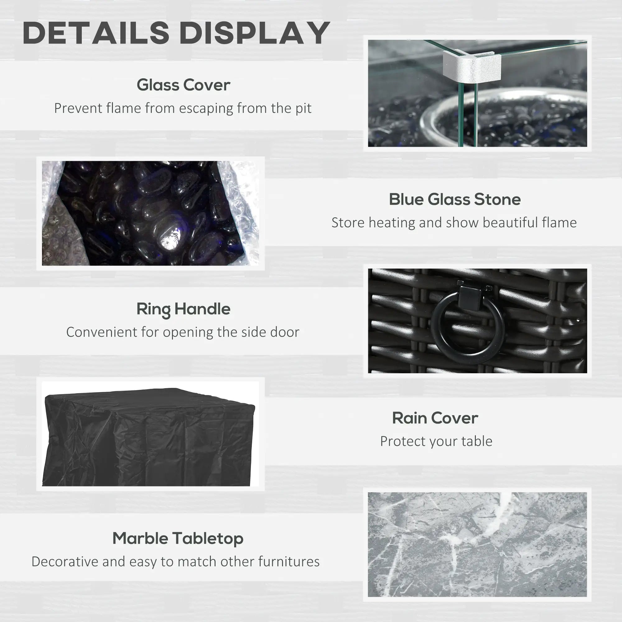 Product features with images and text on a white background