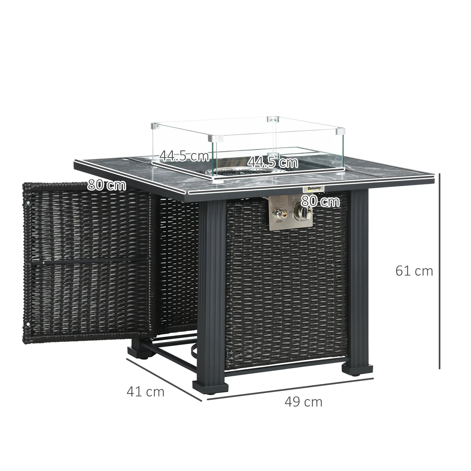 Outdoor table with wicker design and glass top, showing dimensions on a white background