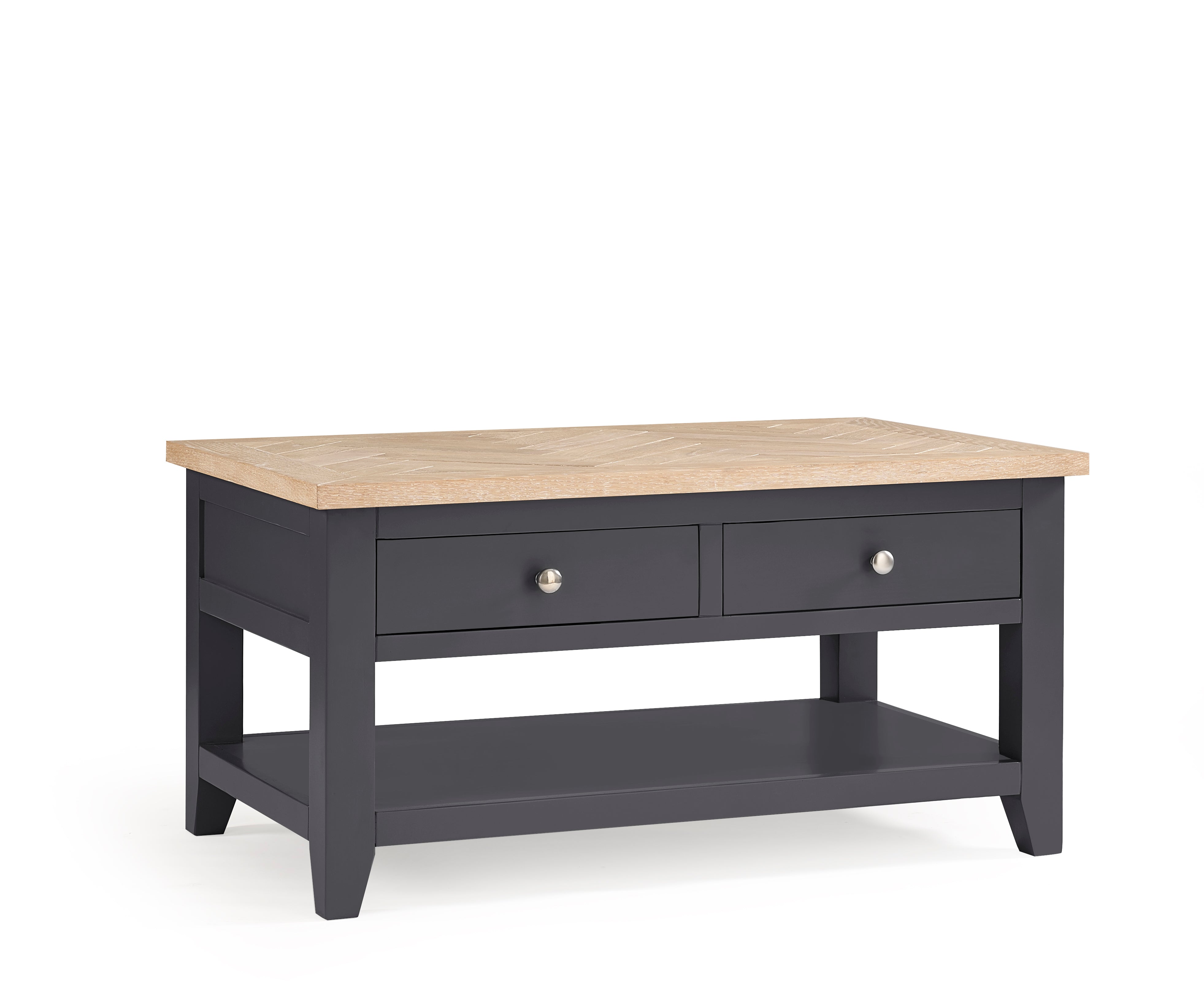 Coffee table with a wooden top and dark gray base on a white background