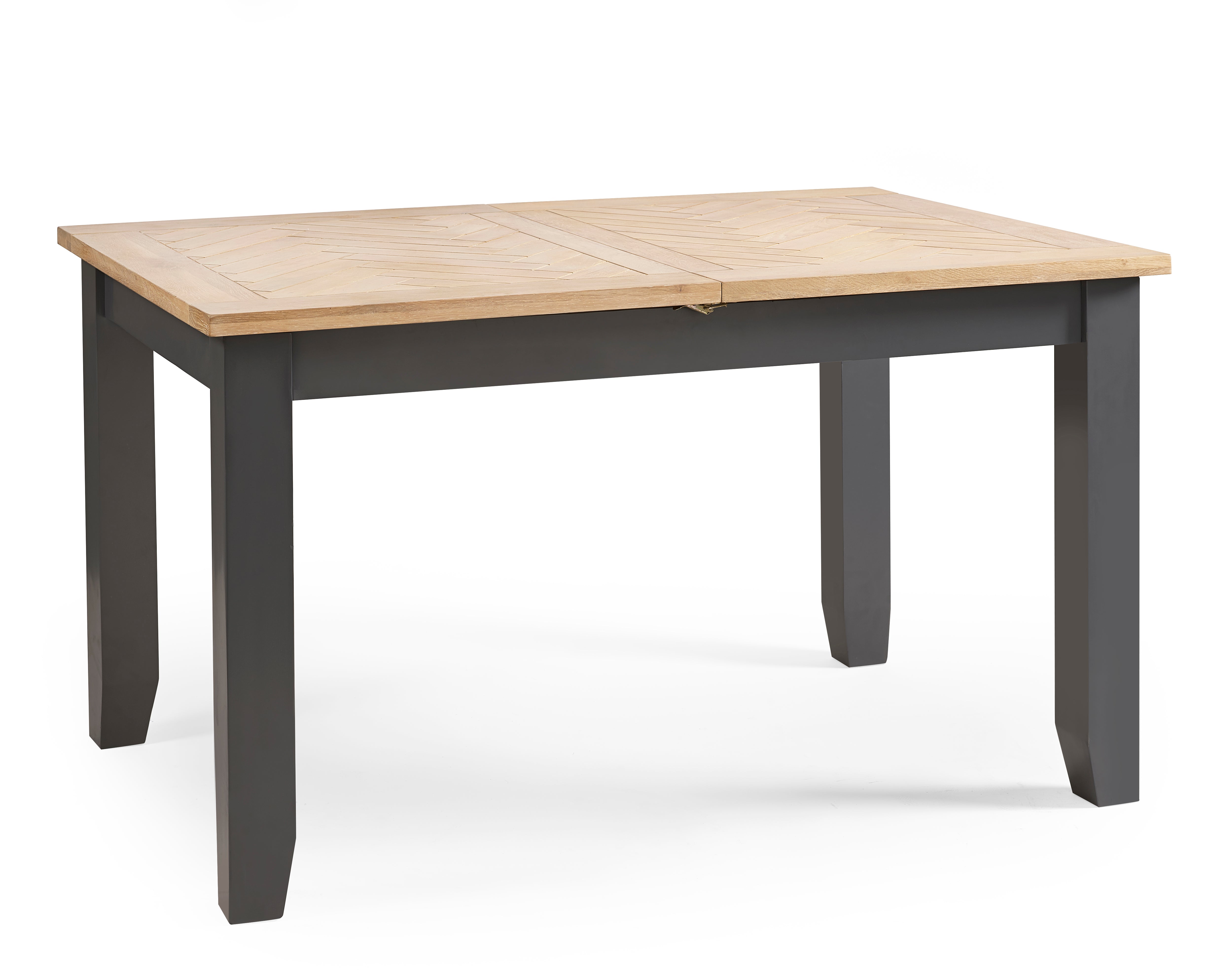 Table with wooden top and dark gray legs on a white background