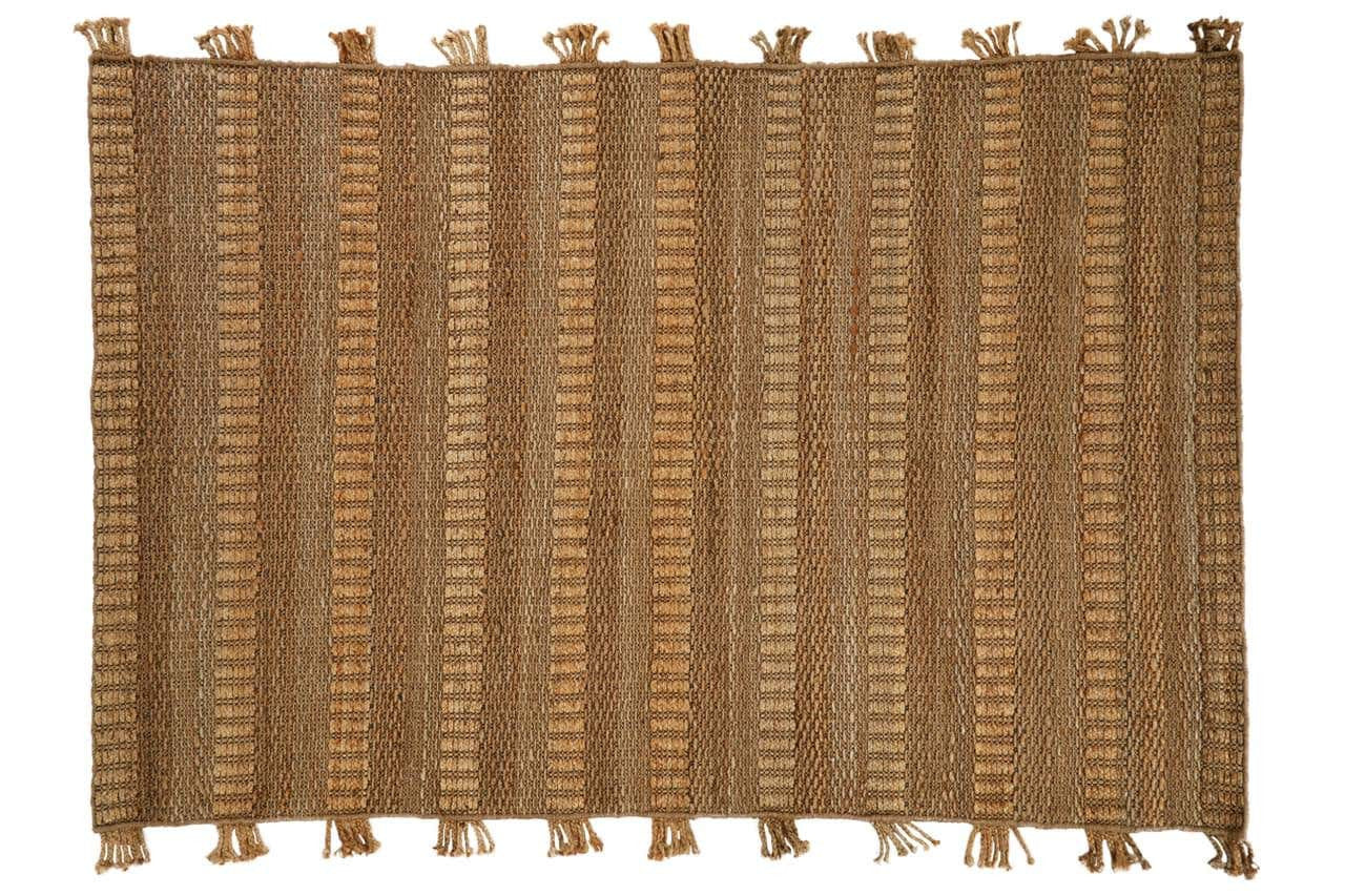 Woven mat with a striped pattern and tassels on a white background