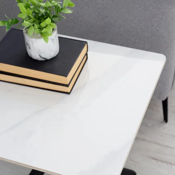 Two books with a plant on top on a white table