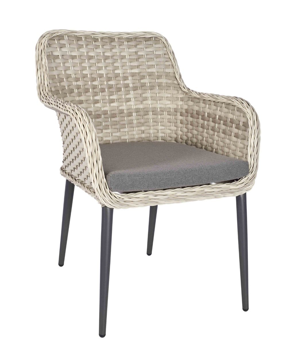 Wicker chair with a gray cushion on a white background