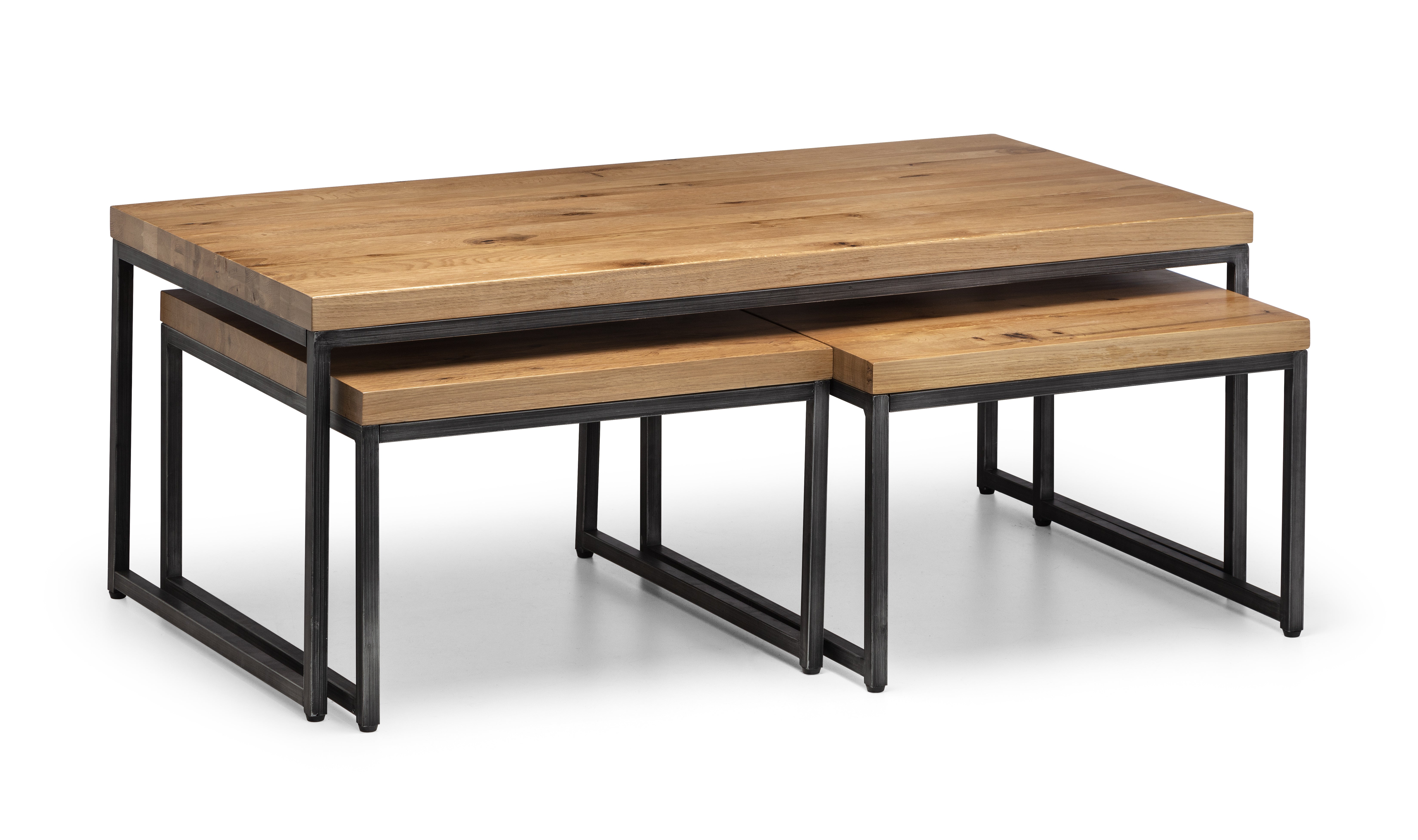 Set of wooden tables with metal legs on a white background