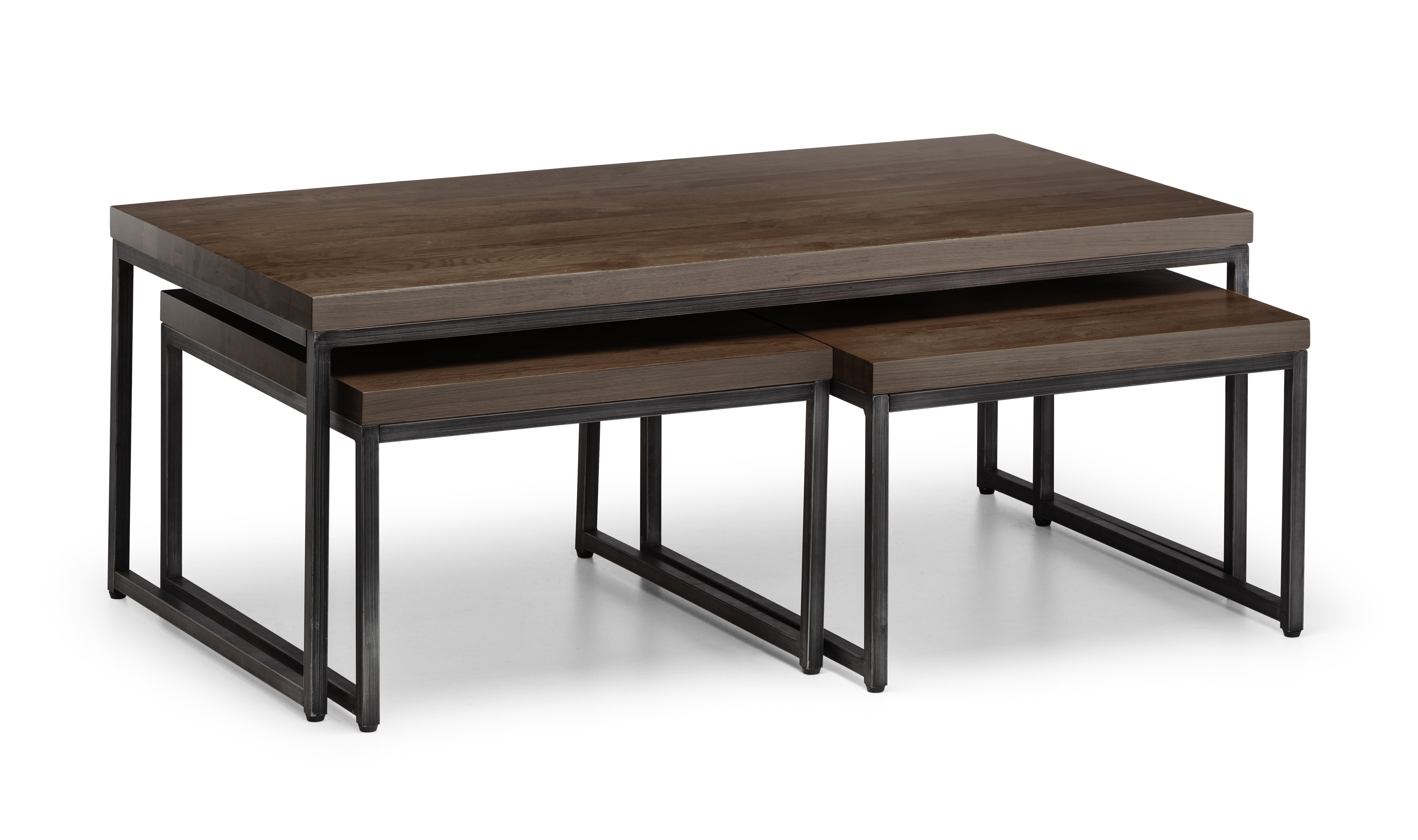 Set of two wooden tables with metal legs on a white background