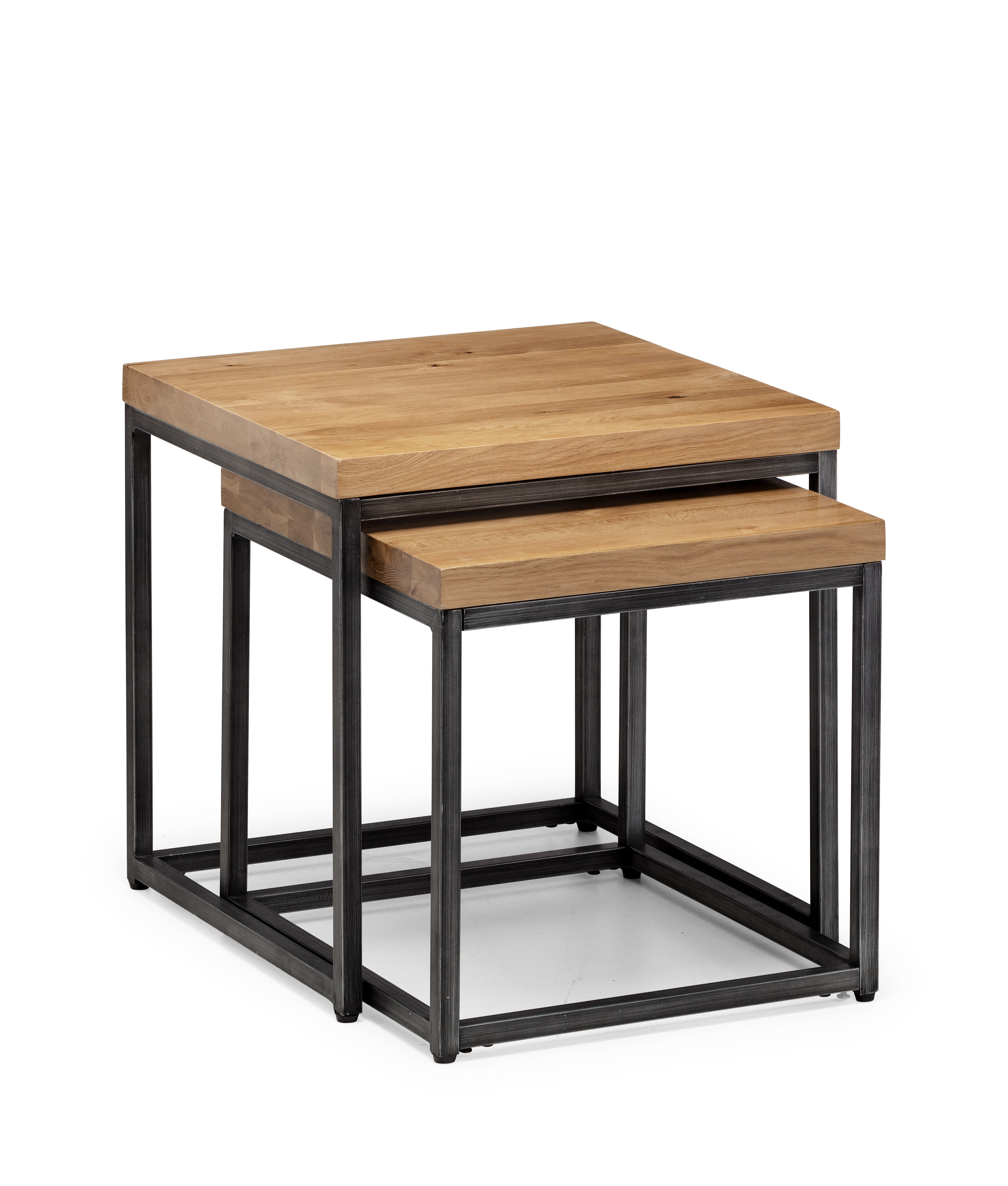 Set of two nesting tables with wooden tops and black metal frames on a white background