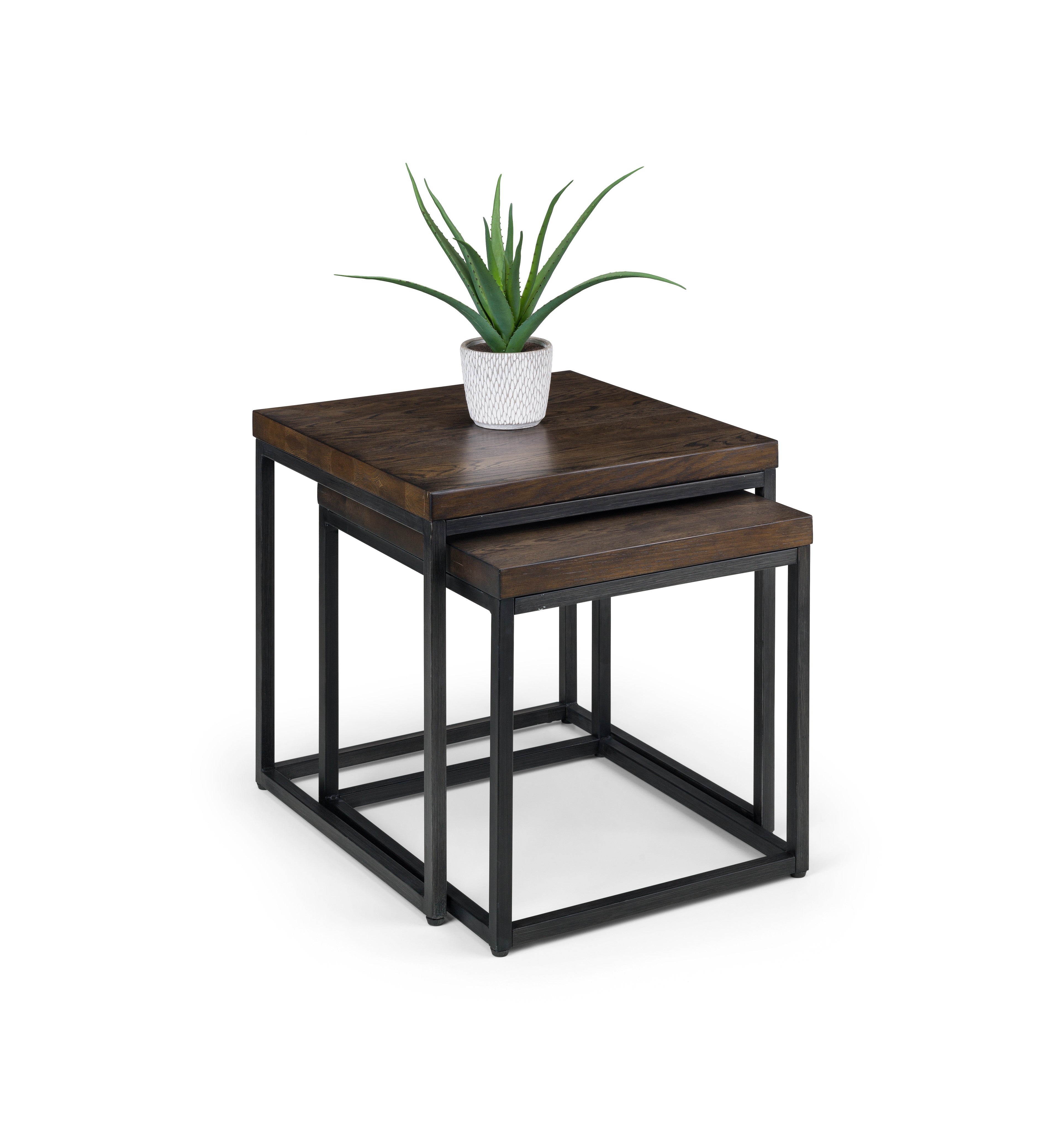 Wooden side table with metal legs and a potted plant on a white background