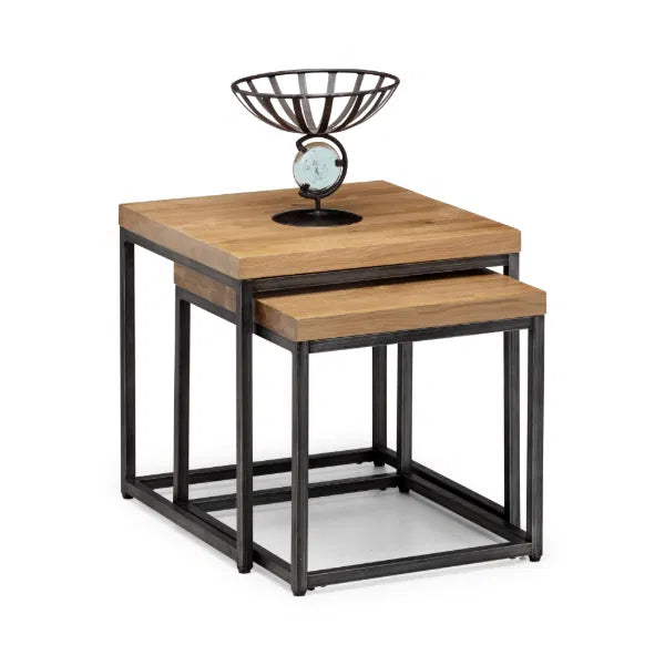 Set of two wooden side tables with metal frames on a white background