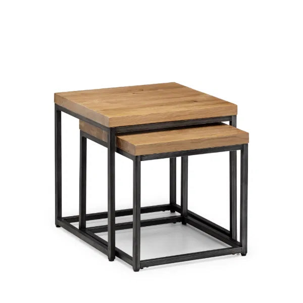 Set of two wooden side tables with metal frames on a white background
