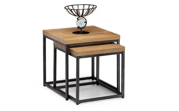 Set of two nesting tables with wooden tops and metal frames on a white background
