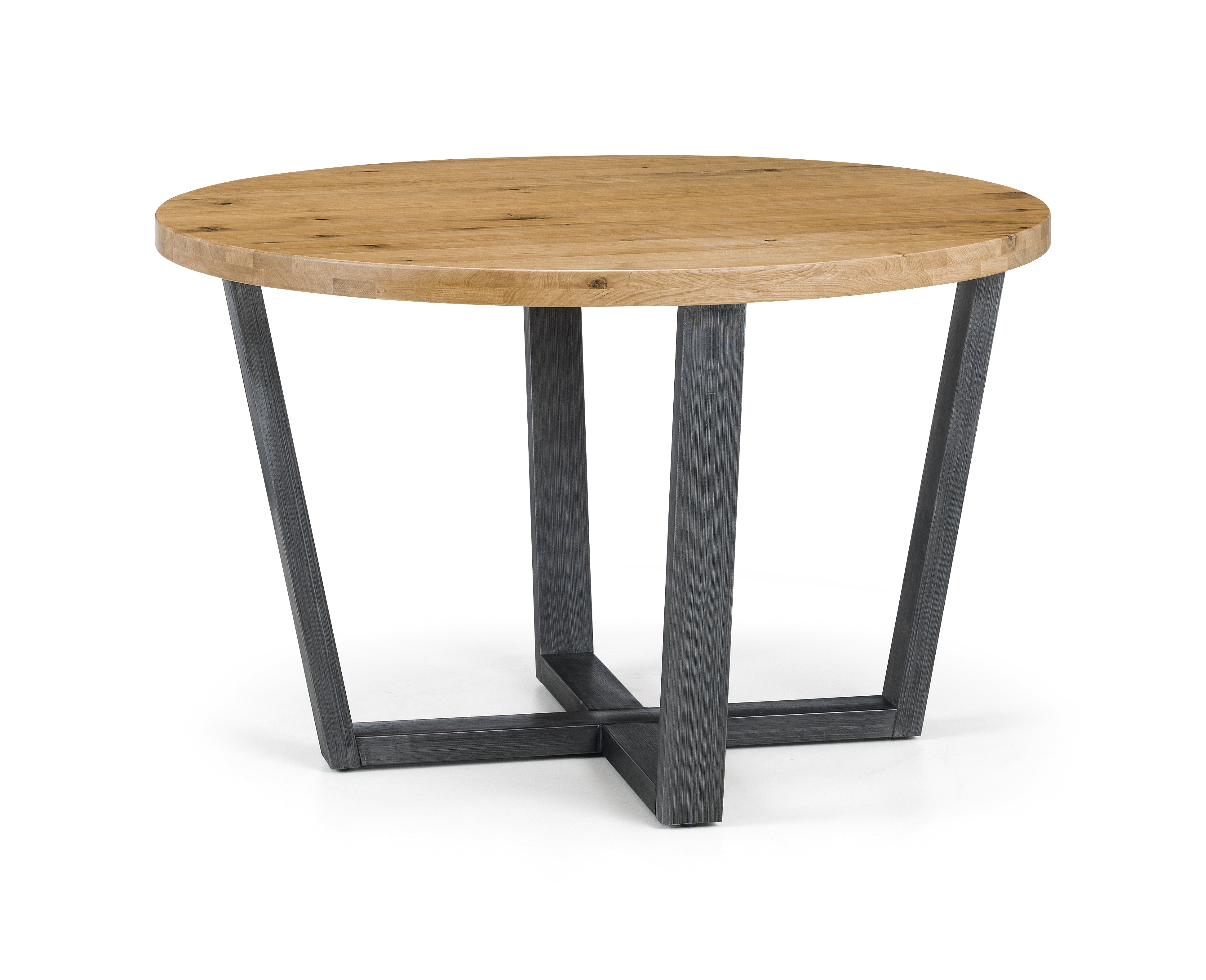 Round wooden table with black metal legs on a white background