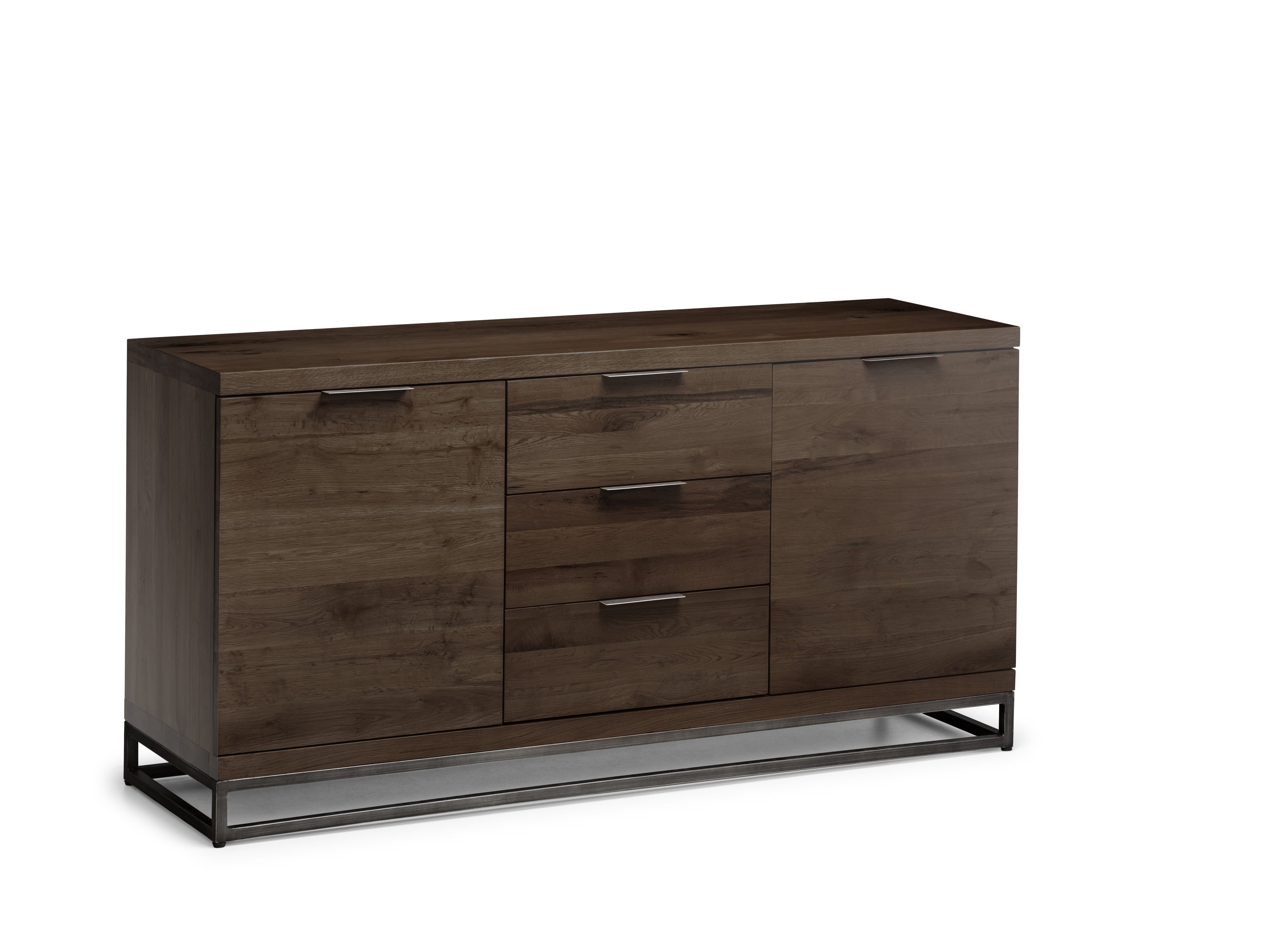 Wooden dresser with metal legs on a white background