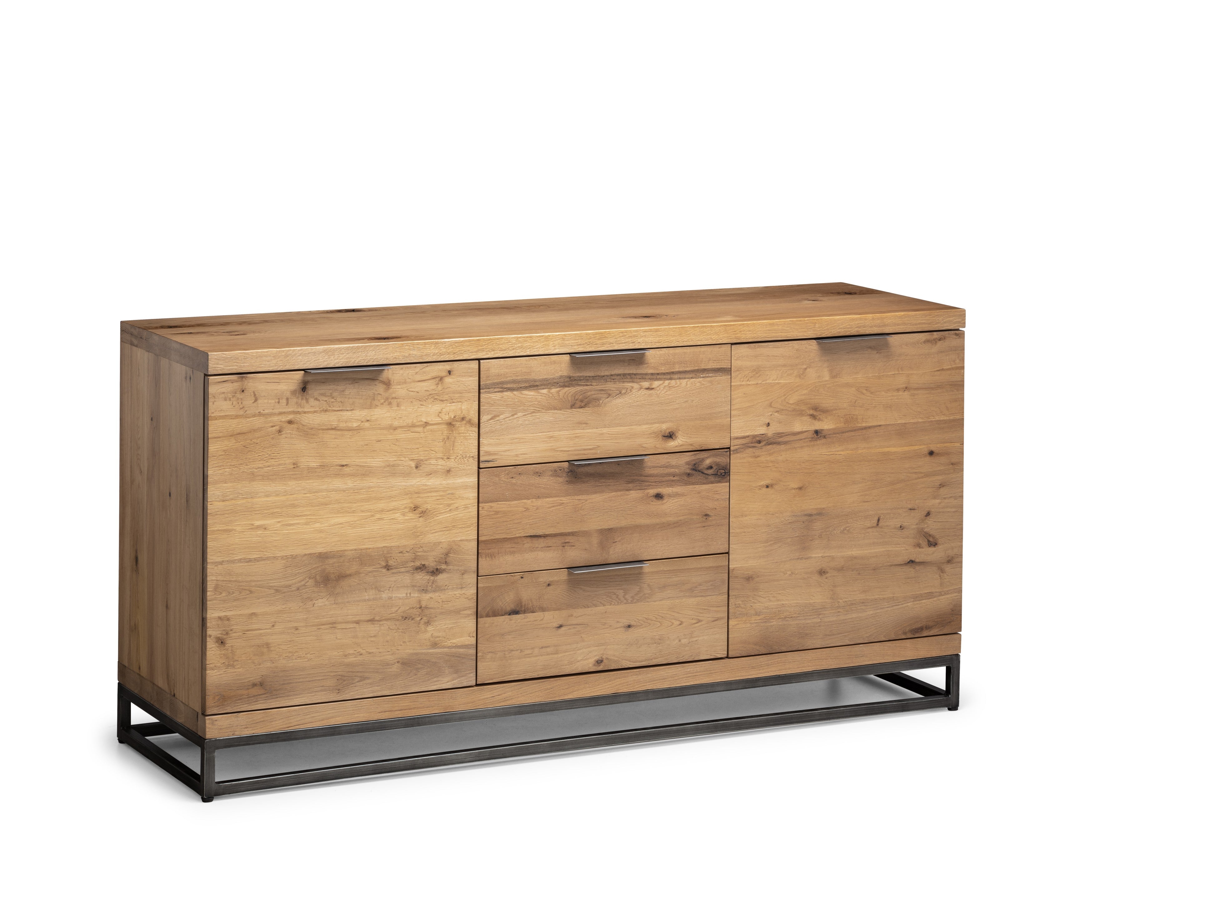 Wooden sideboard with metal legs on a white background