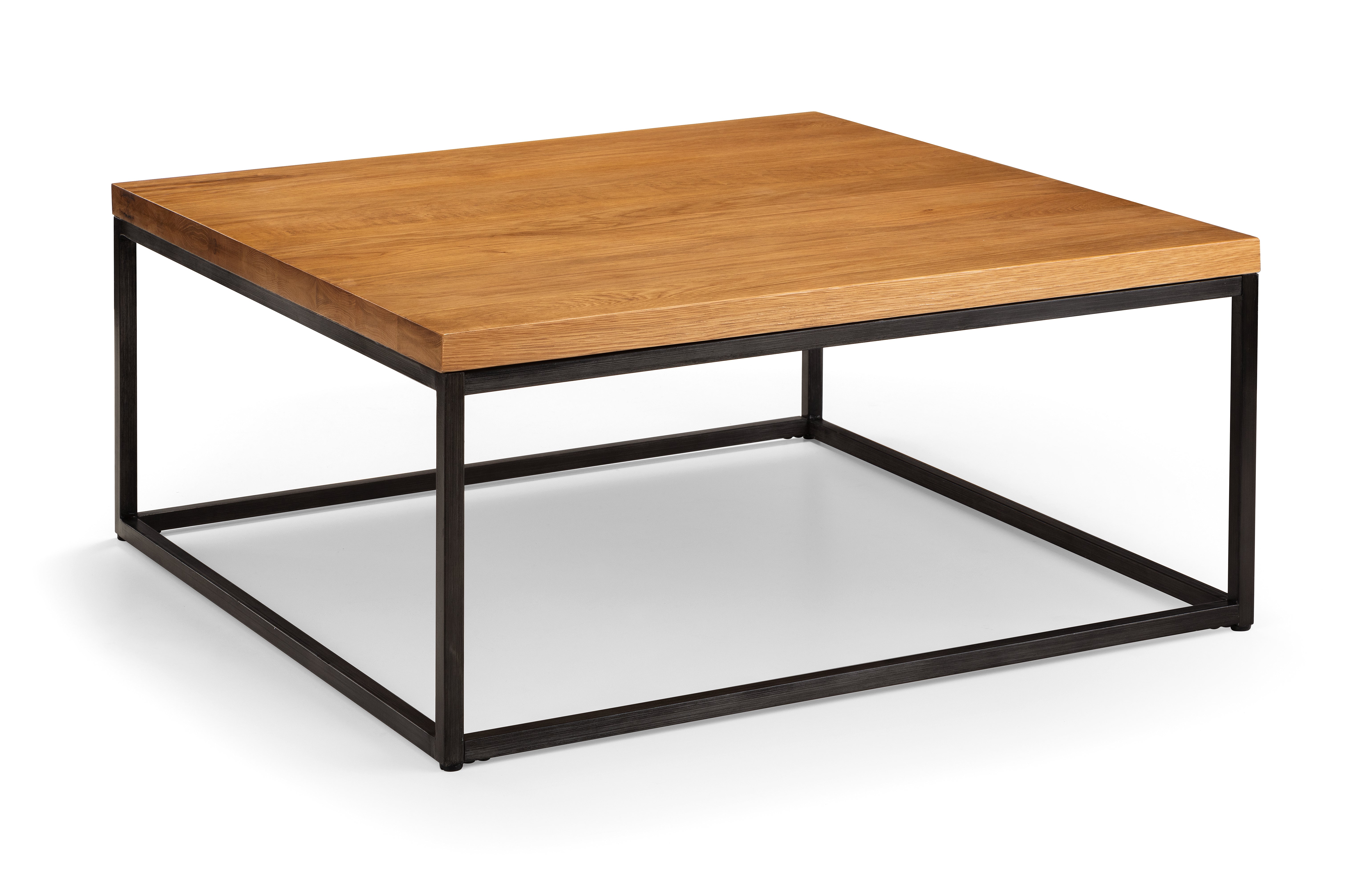 Square coffee table with wooden top and black metal frame on a white background