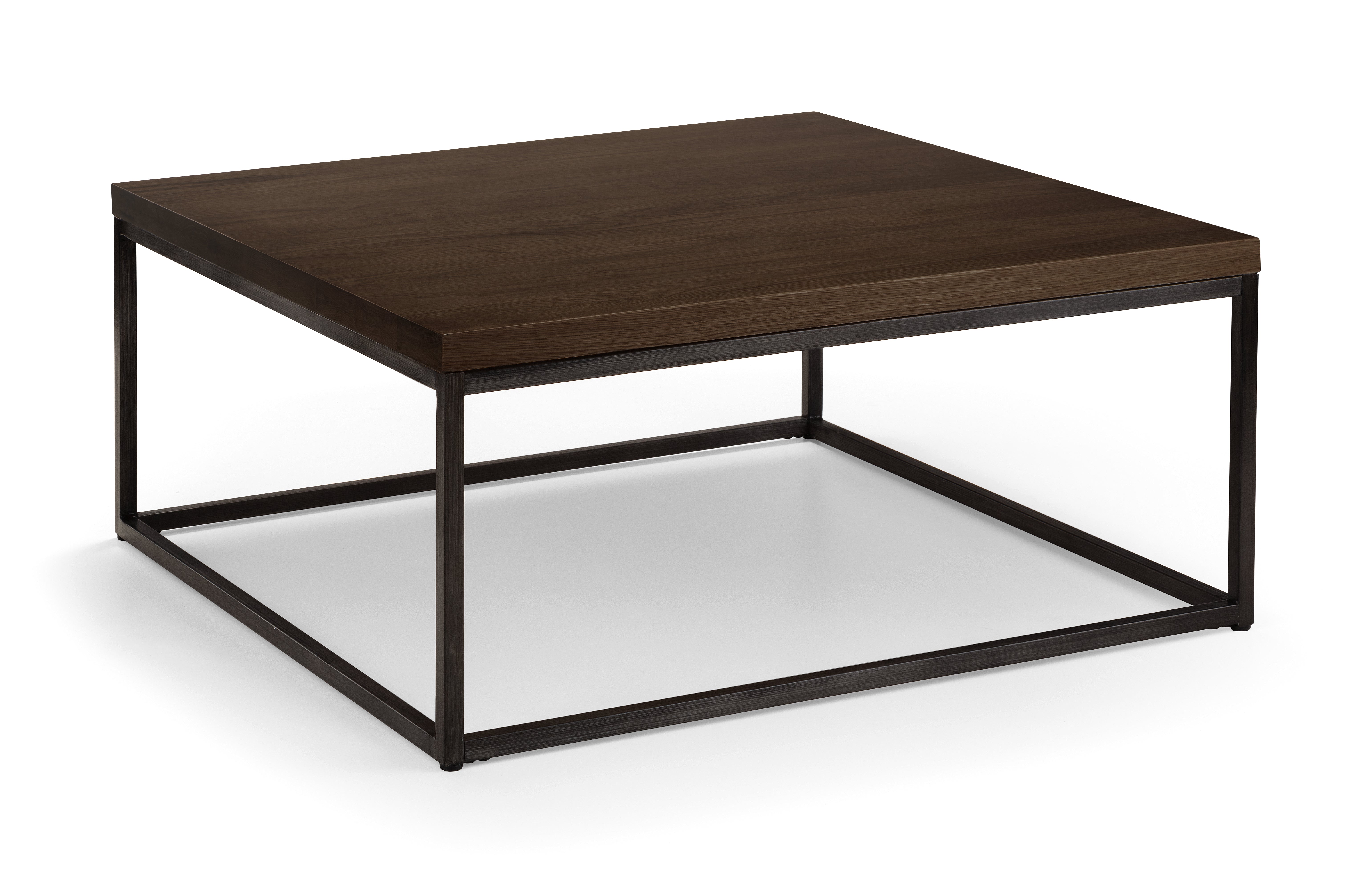 Square coffee table with wooden top and metal frame on a white background