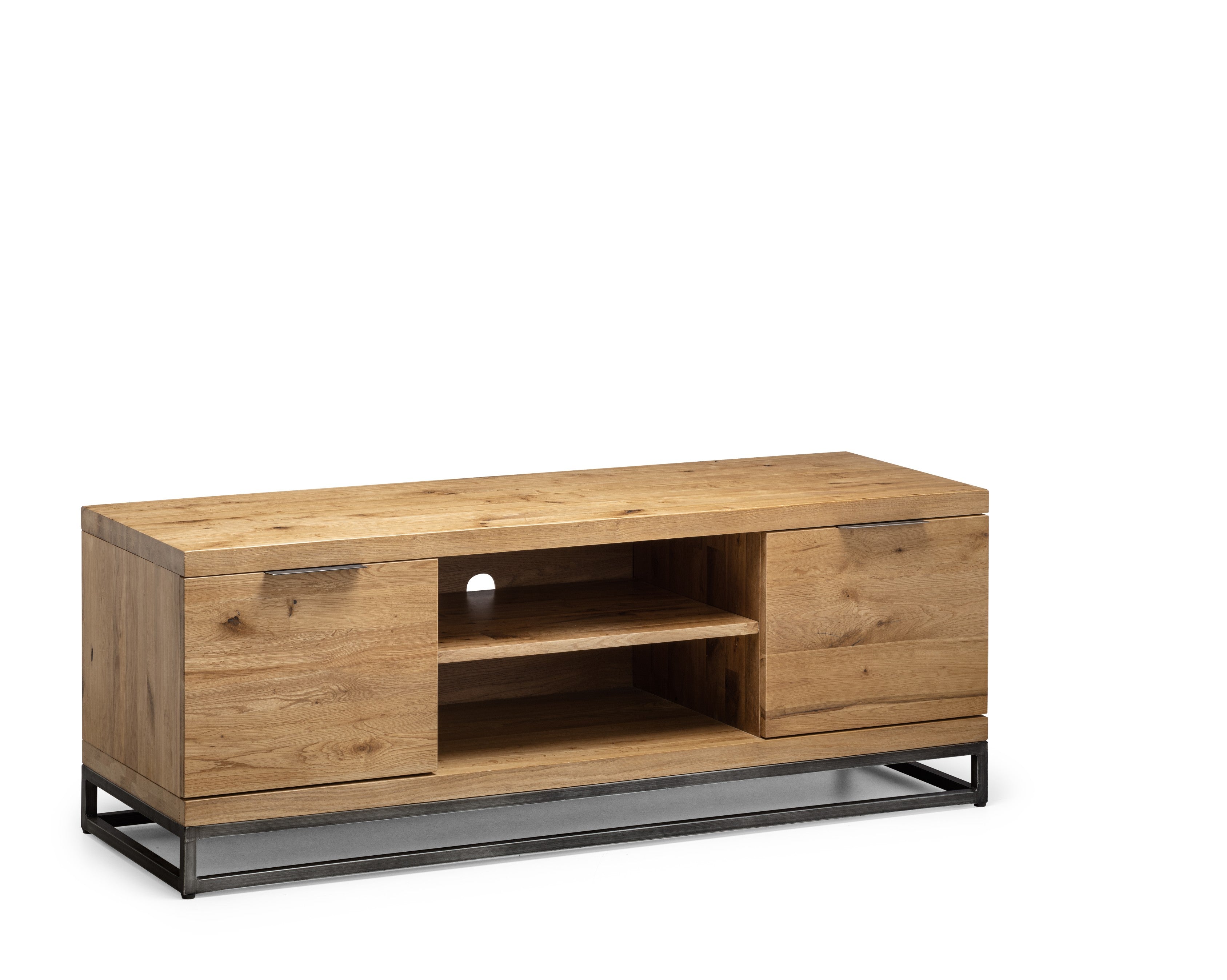Wooden TV stand with metal legs on a white background