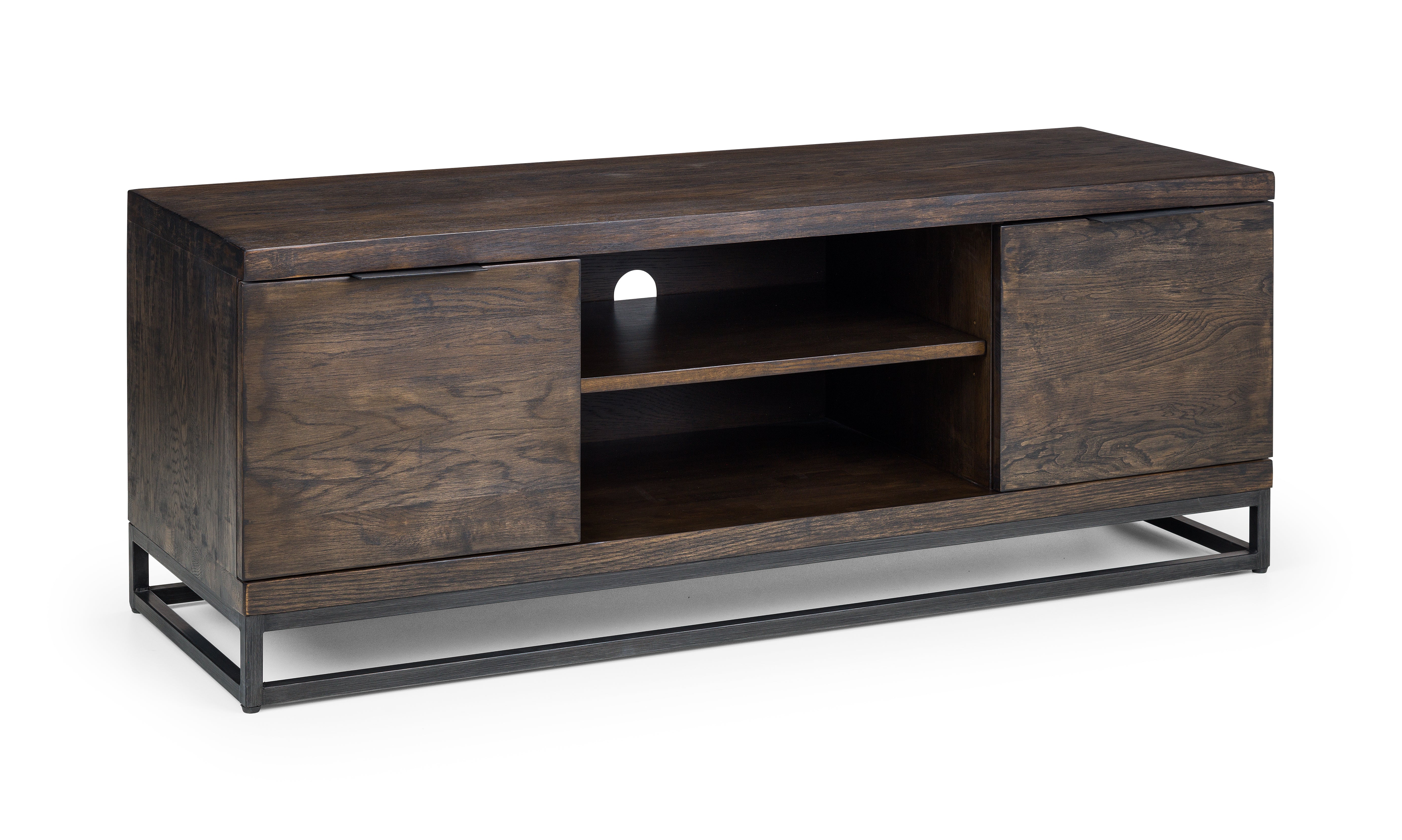 Wooden TV stand with metal legs on a white background