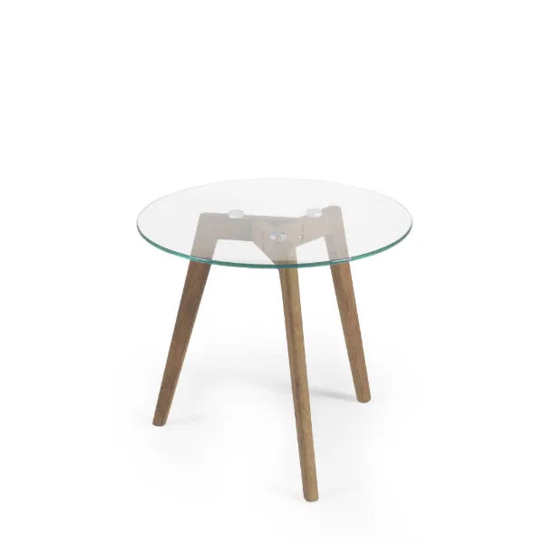 Glass table with wooden legs on a white background