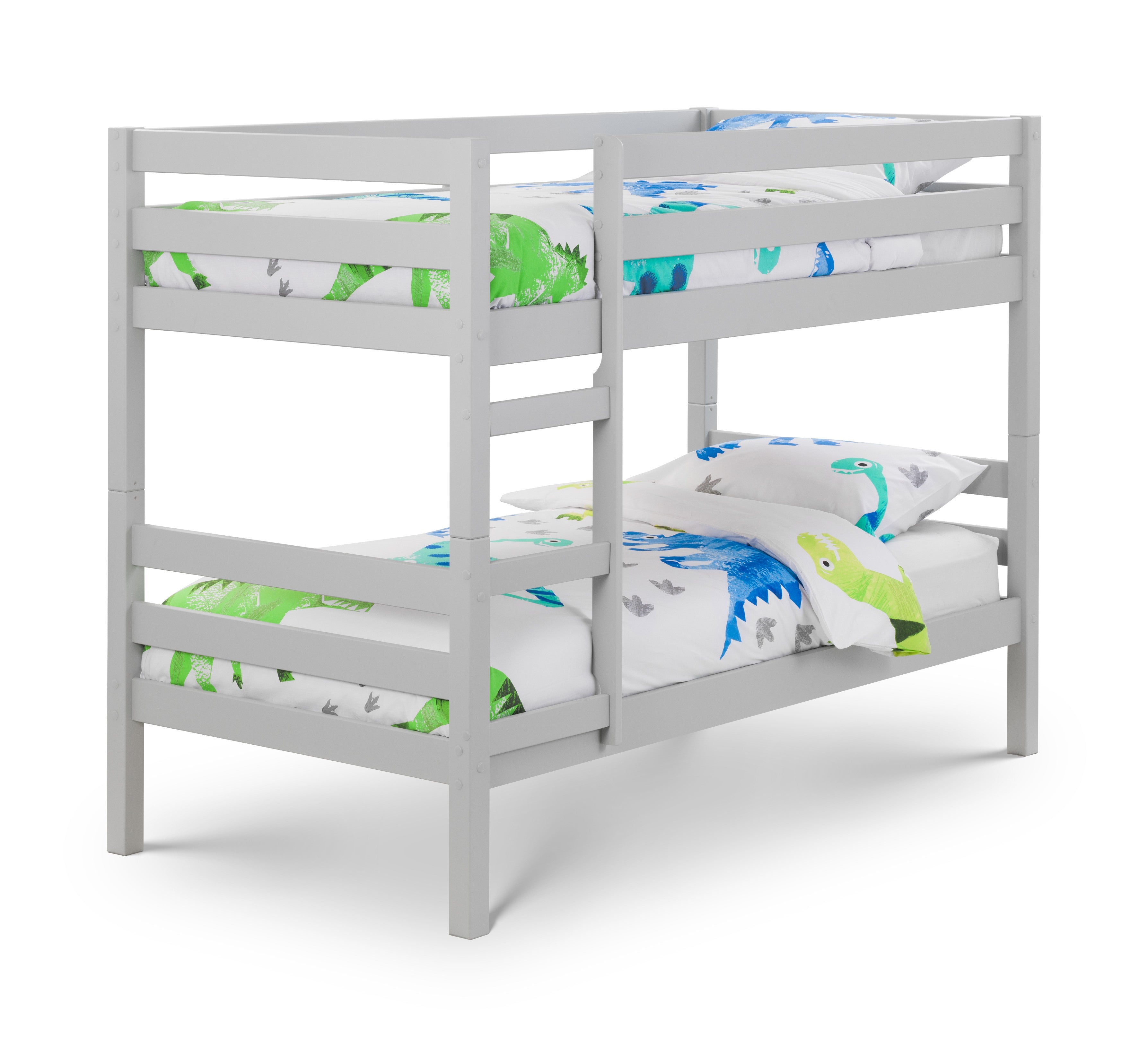 Gray bunk bed with dinosaur-themed bedding on a white background