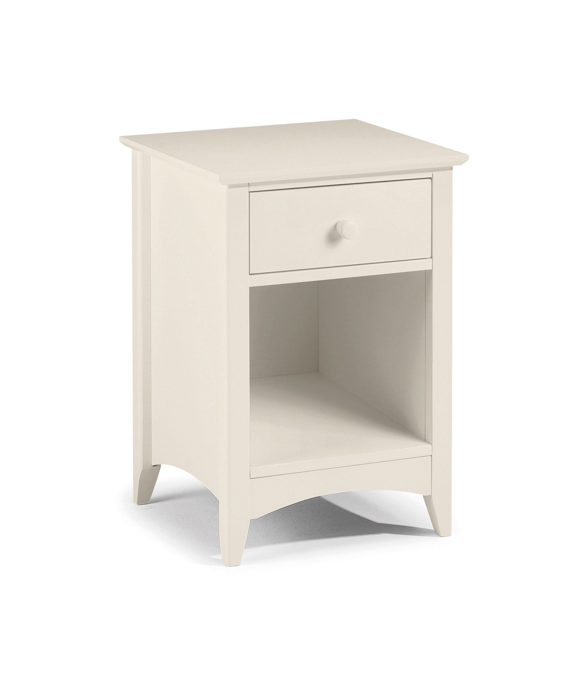 White nightstand with a drawer on a white background