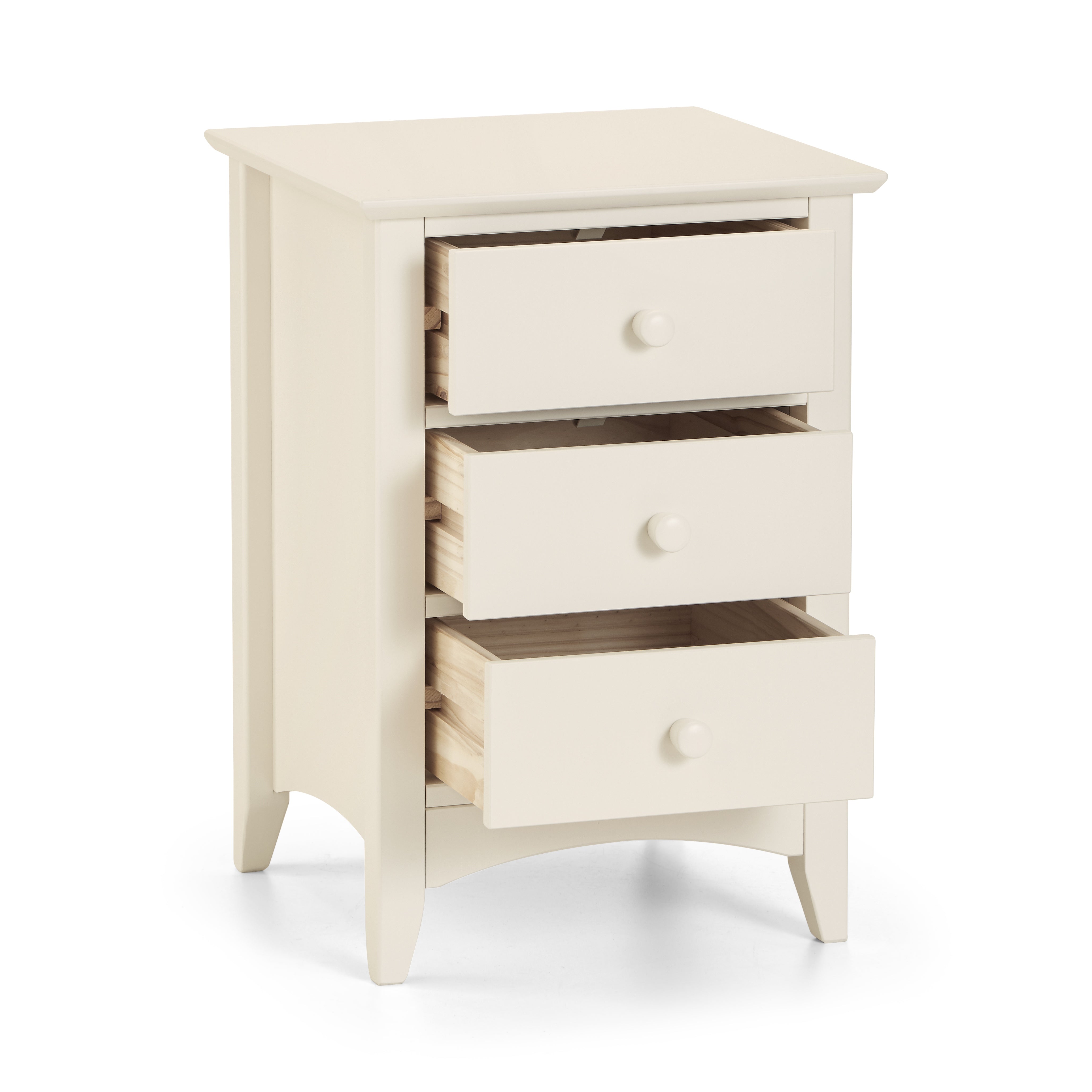White nightstand with three drawers on a white background