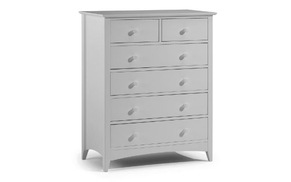 Gray dresser with multiple drawers on a white background