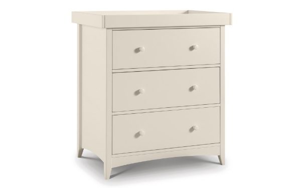 White dresser with three drawers on a white background