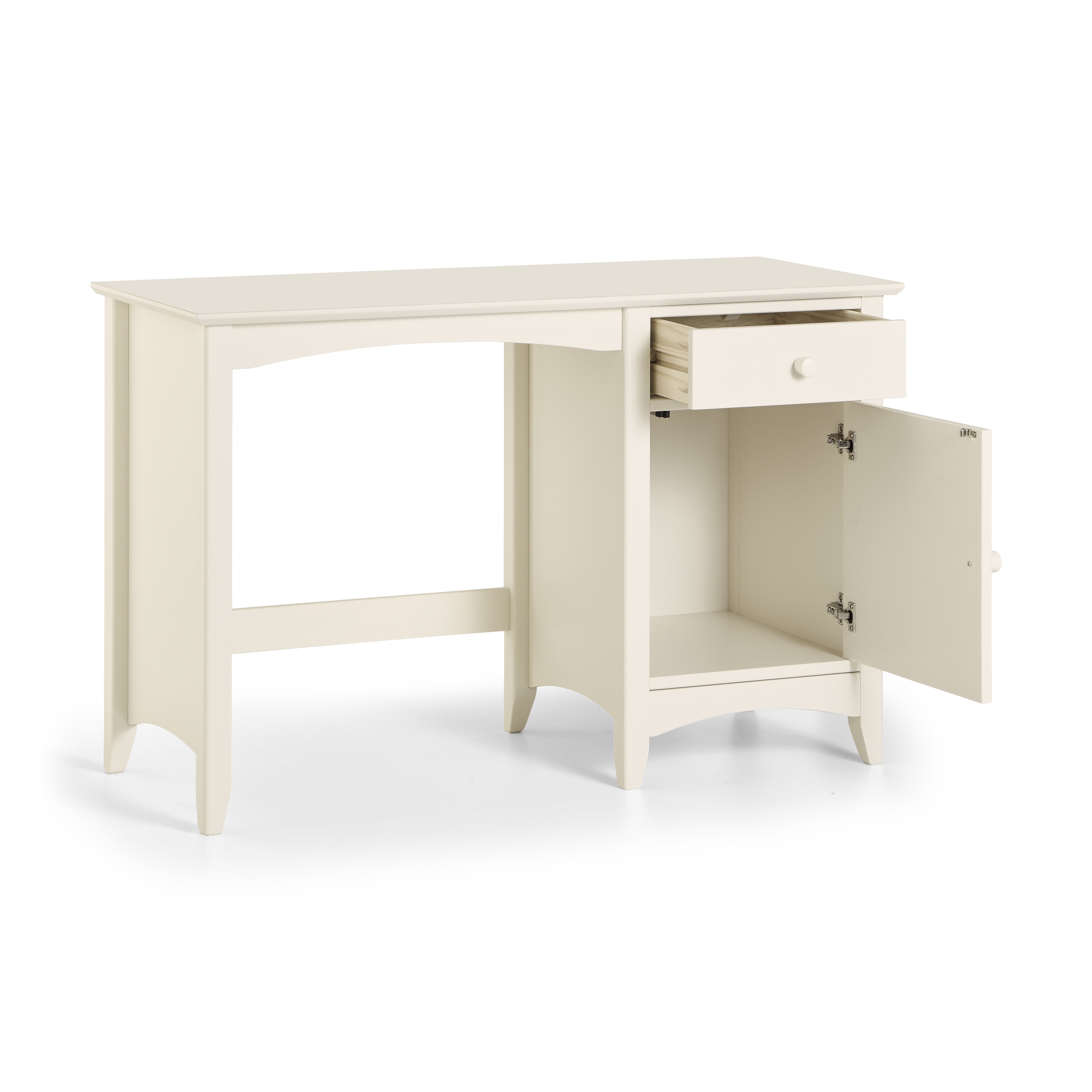 White desk with a drawer and open cabinet on a white background