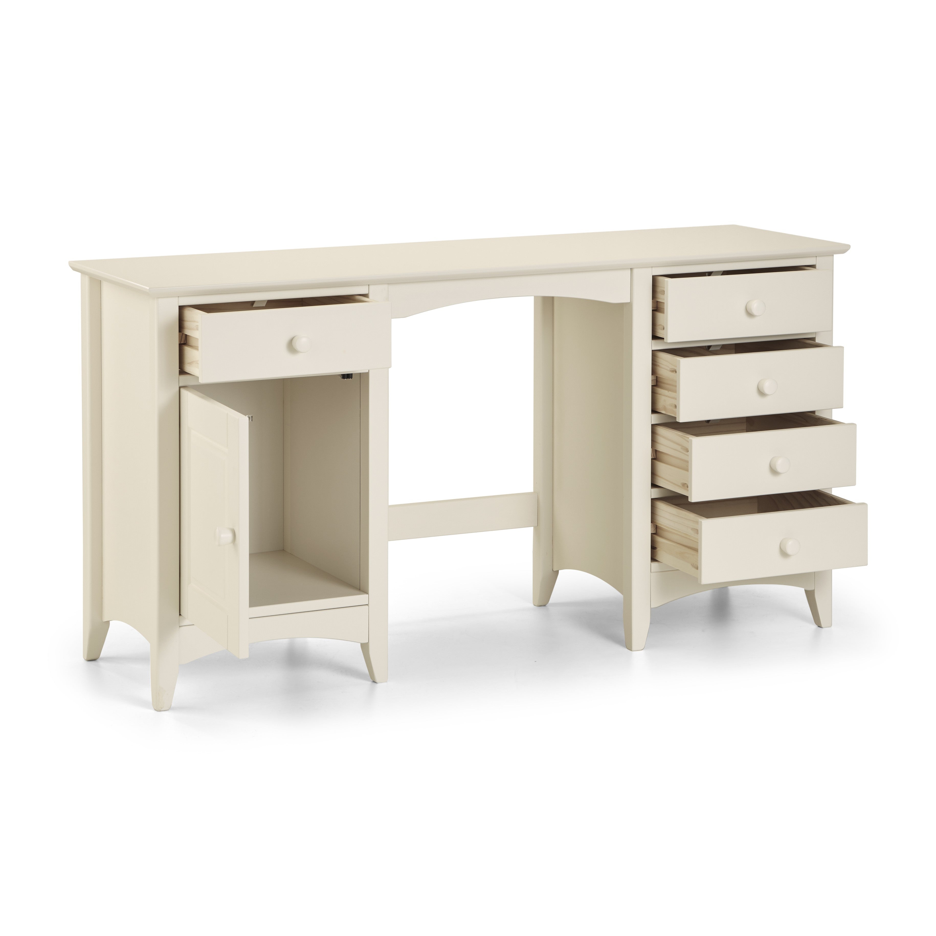 Beige desk with multiple drawers on a white background