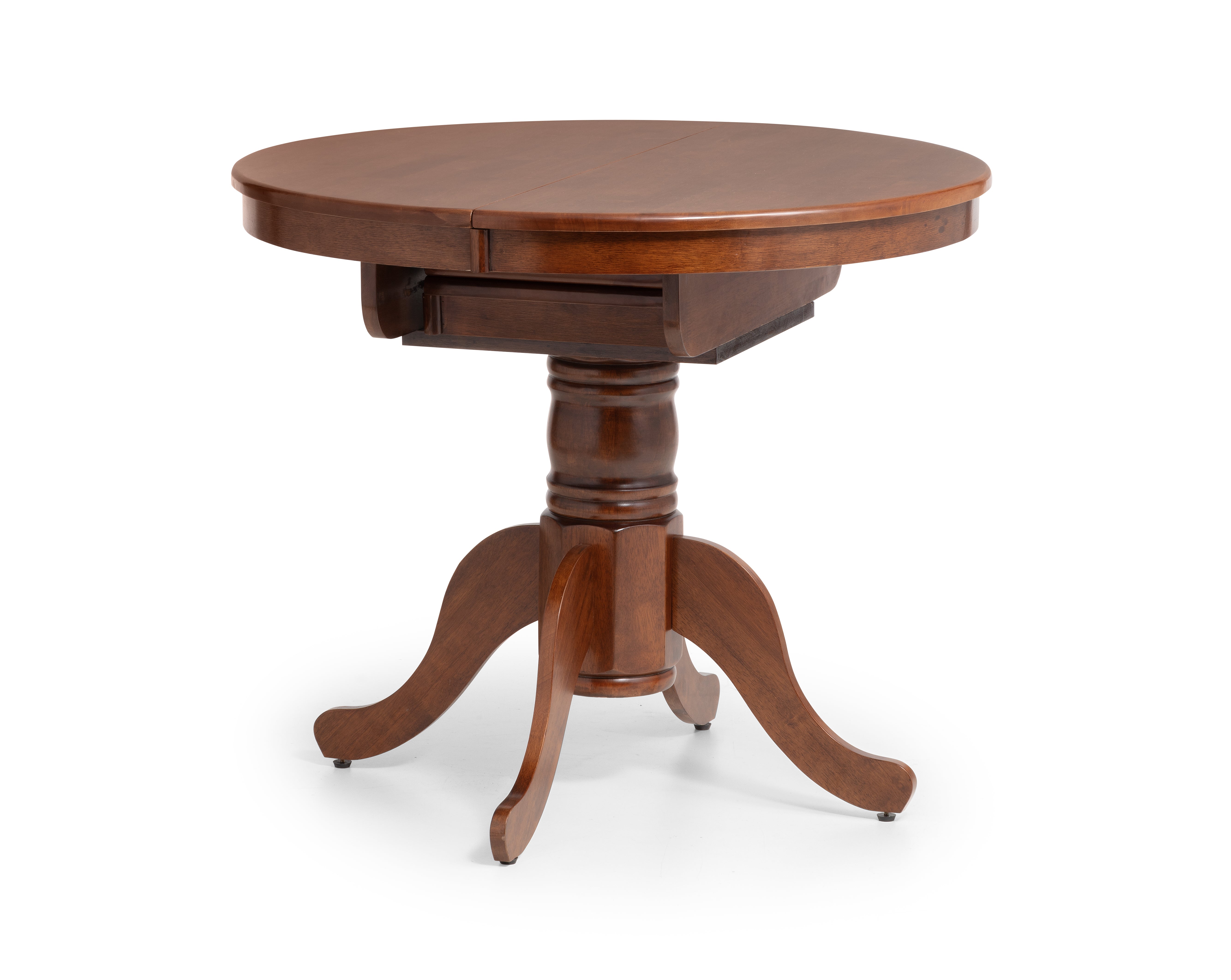 Wooden round table with a pedestal base on a white background