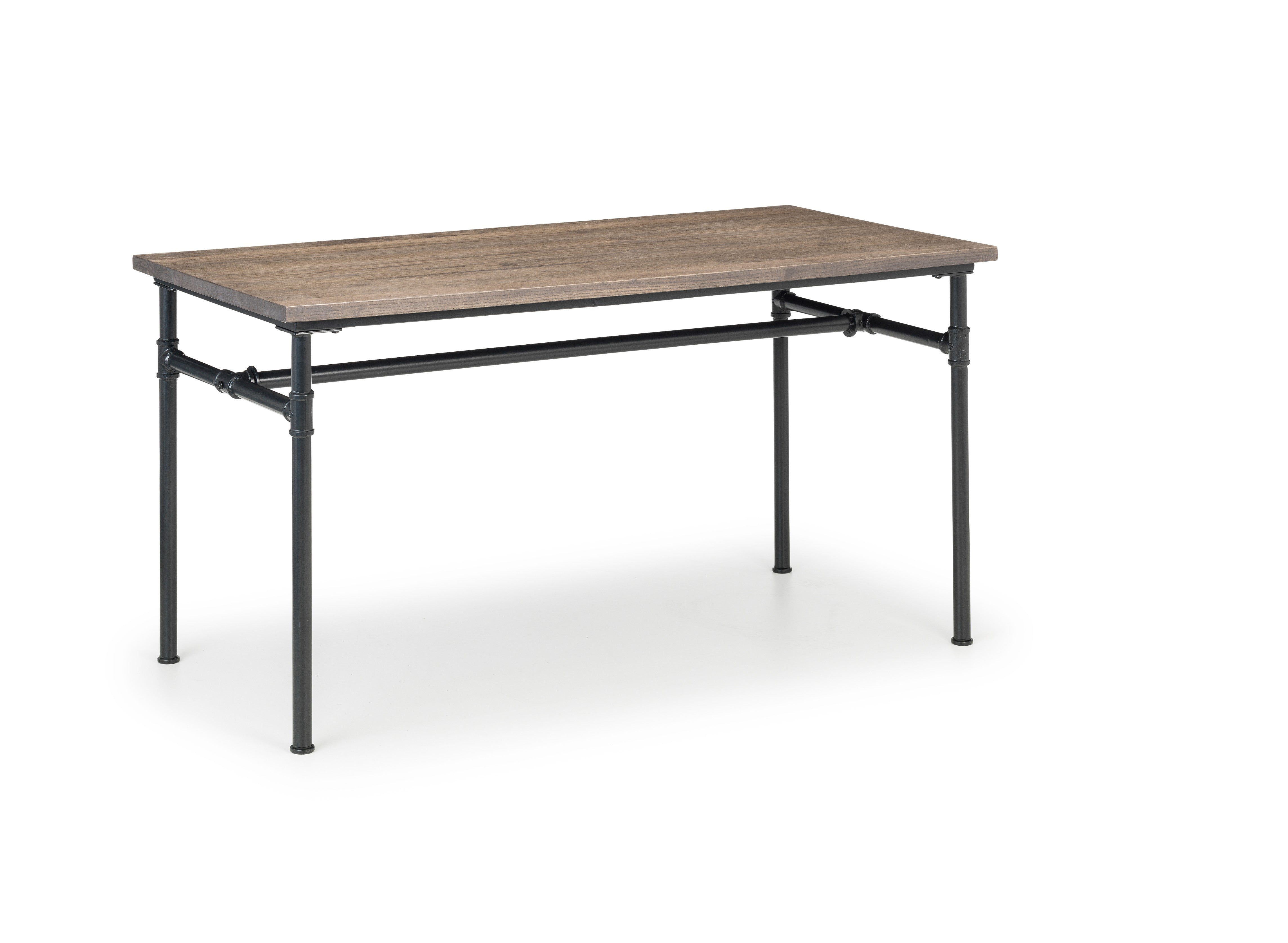 Wooden table with metal frame on a white background