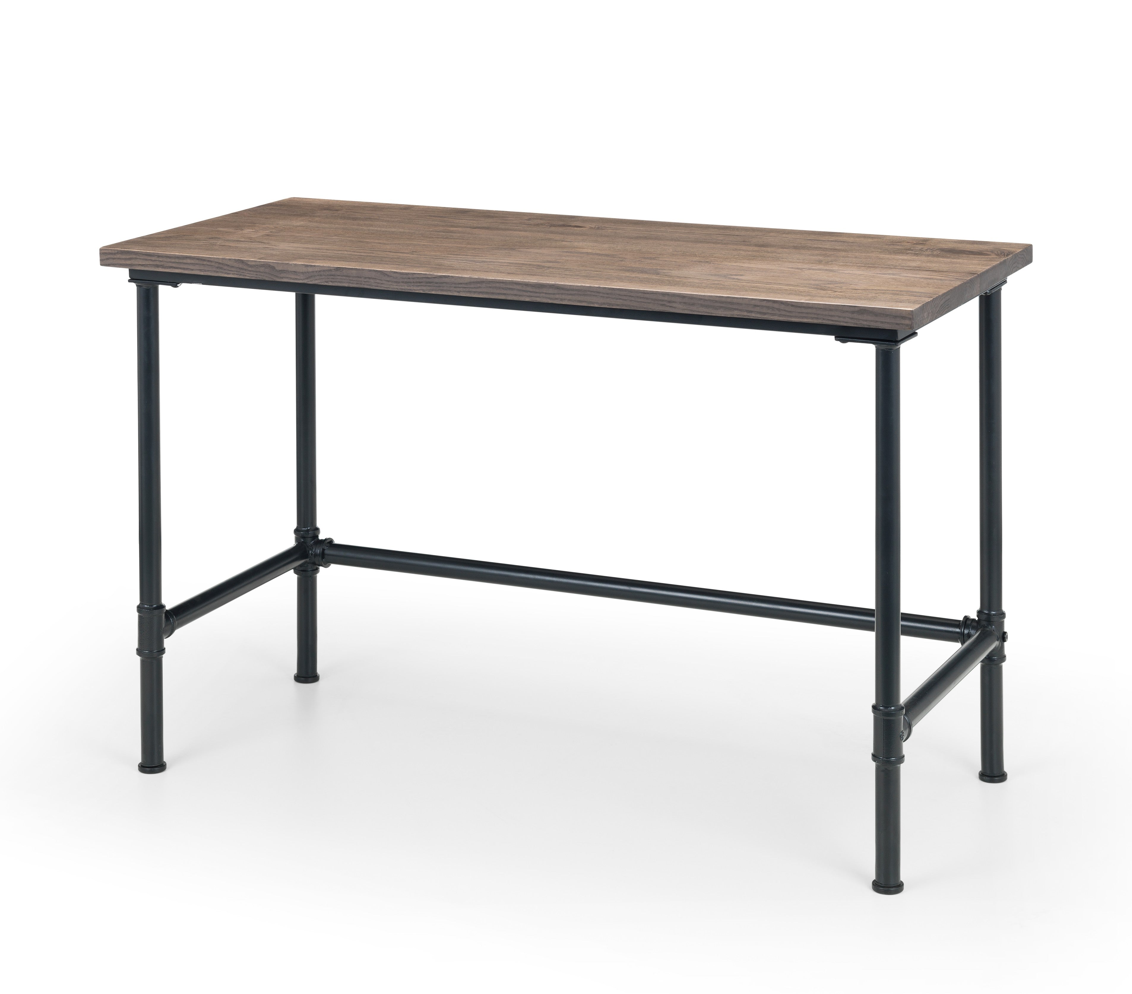 Wooden table with black metal legs on a white background